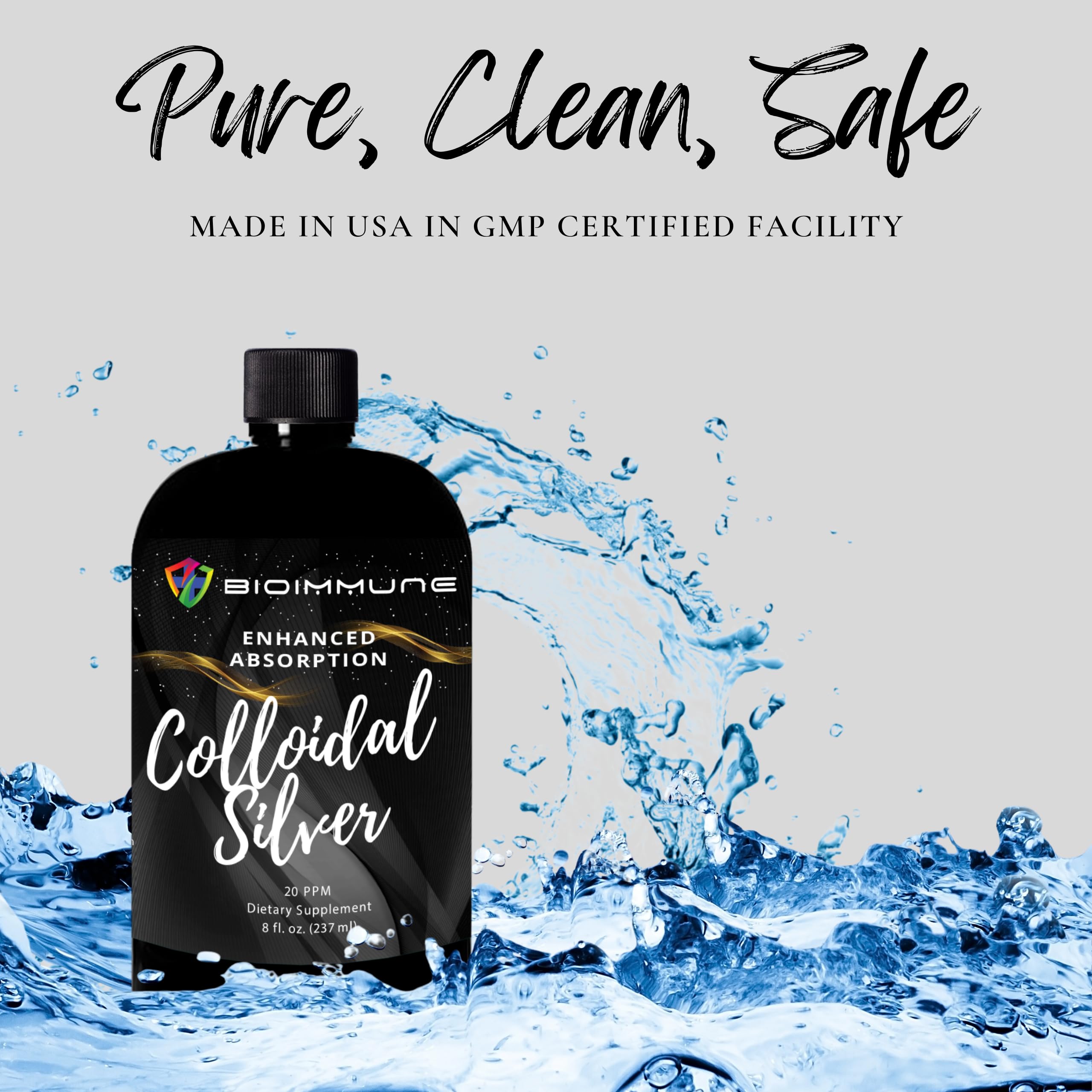 BioImmune Colloidal Silver Hydrosol, envase y producción en USA con BPM.