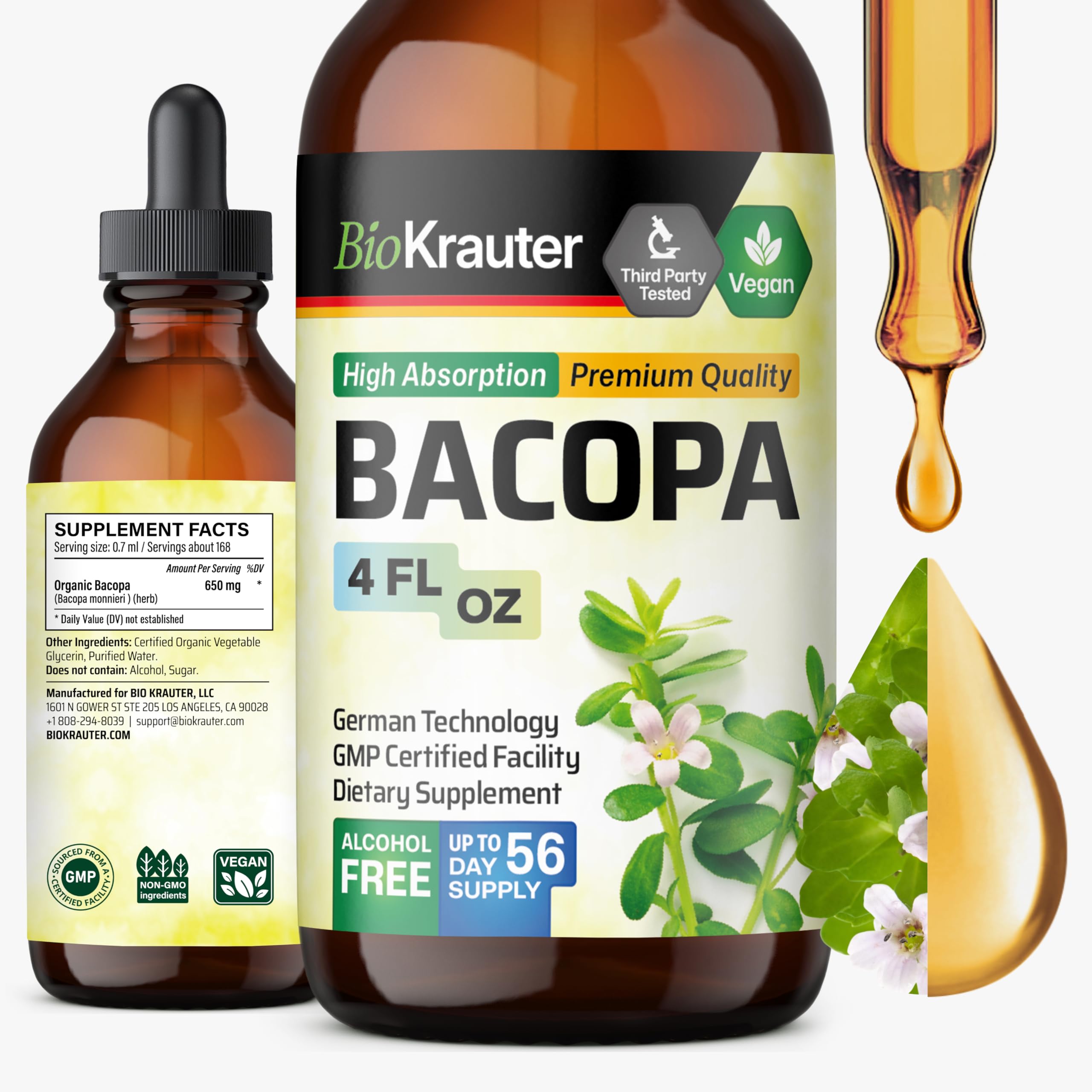 BIO KRAUTER Bacopa monnieri, botella de gotas, apoyo potencial para la concentración diaria.