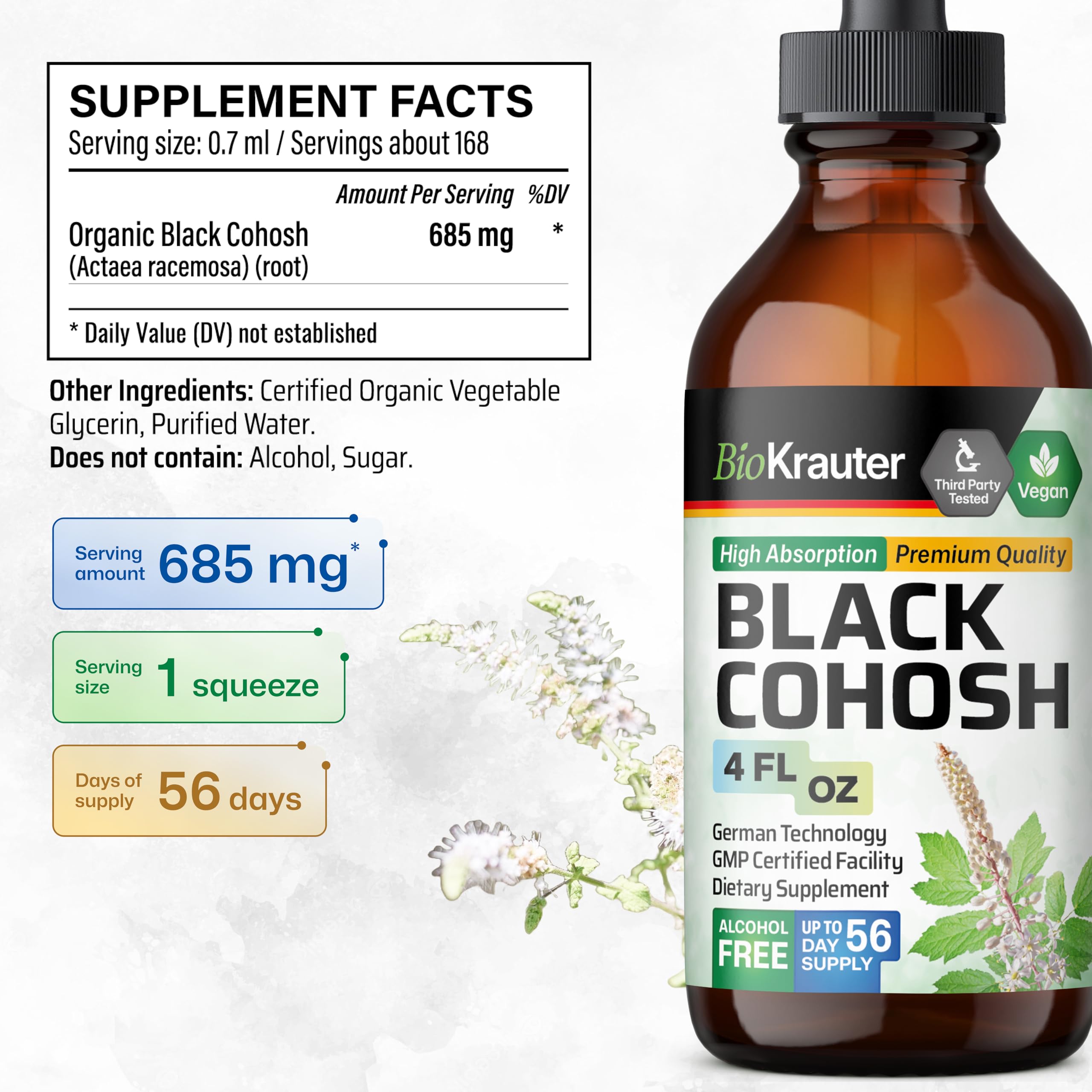 BIO KRAUTER cohosh negro con gotero, dosificación diaria sencilla.