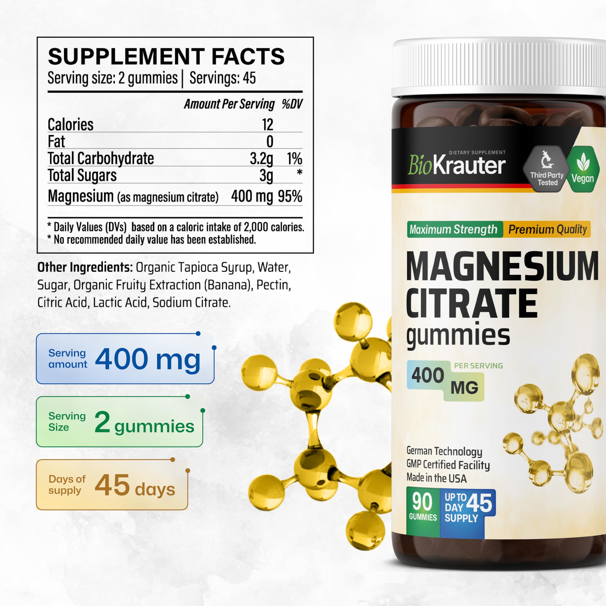 BIO KRAUTER Gominolas de Magnesio Citrato, sabor banana, delicioso y natural.