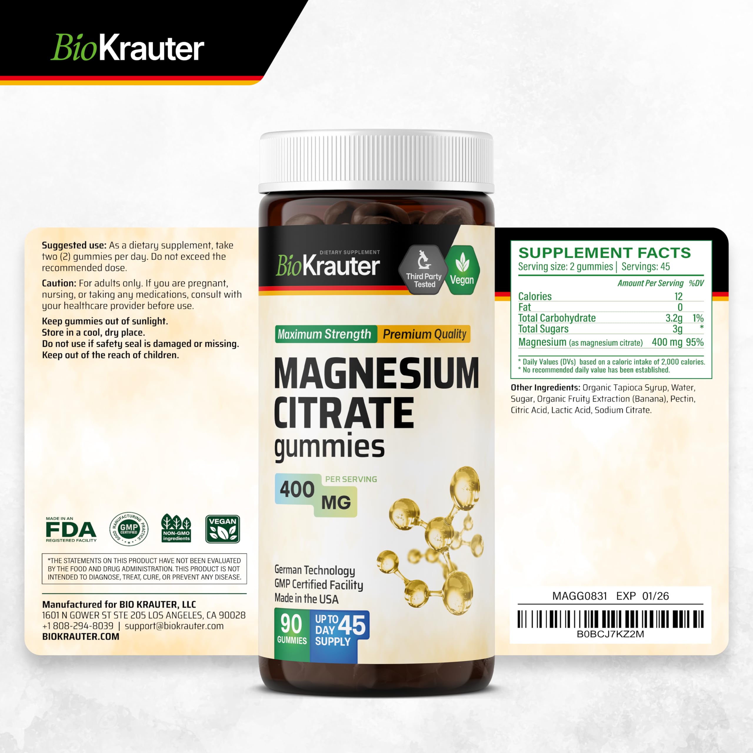 BIO KRAUTER gominolas de magnesio para uso diario y bienestar.