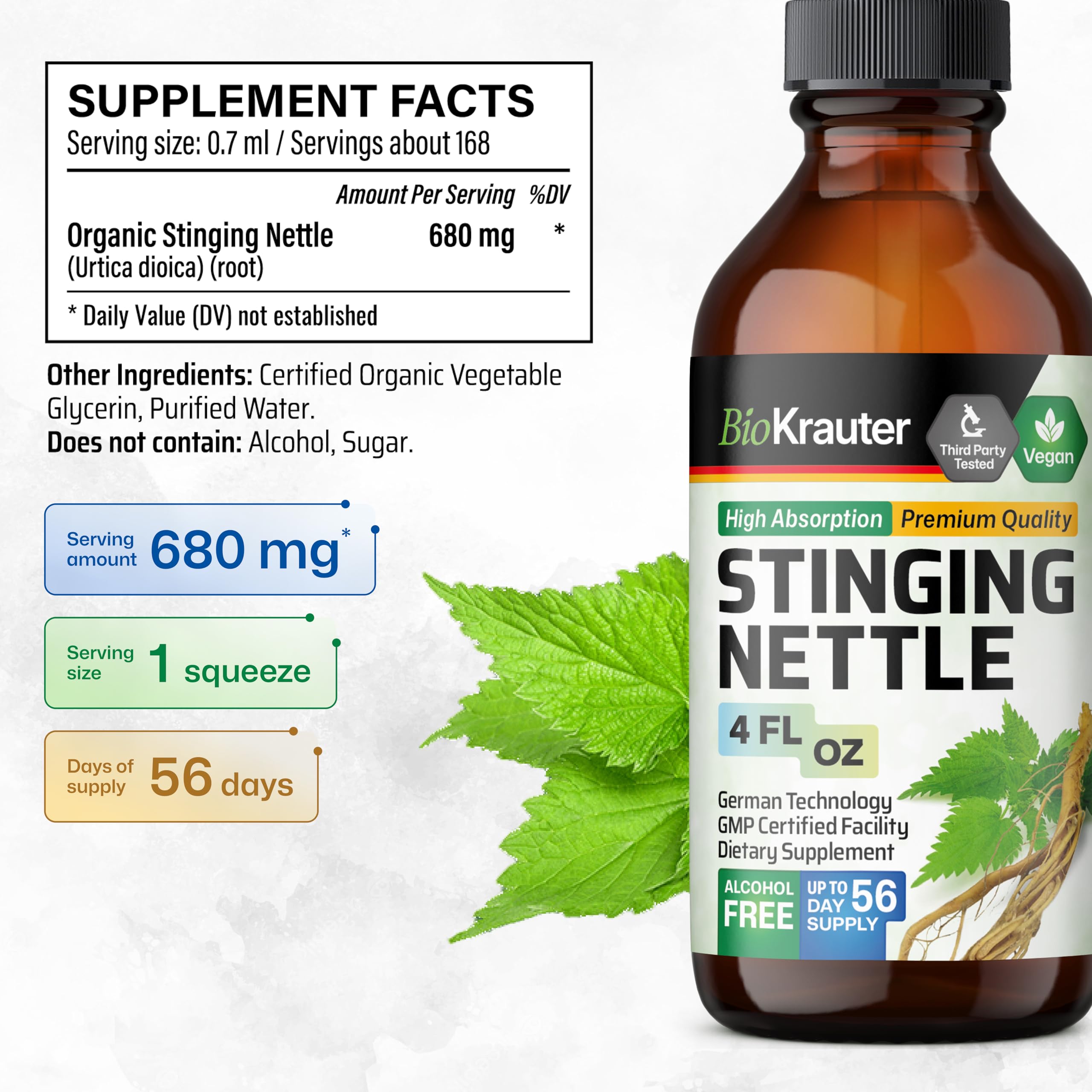 BIO KRAUTER Ortiga: etiqueta del frasco con fórmula vegana.