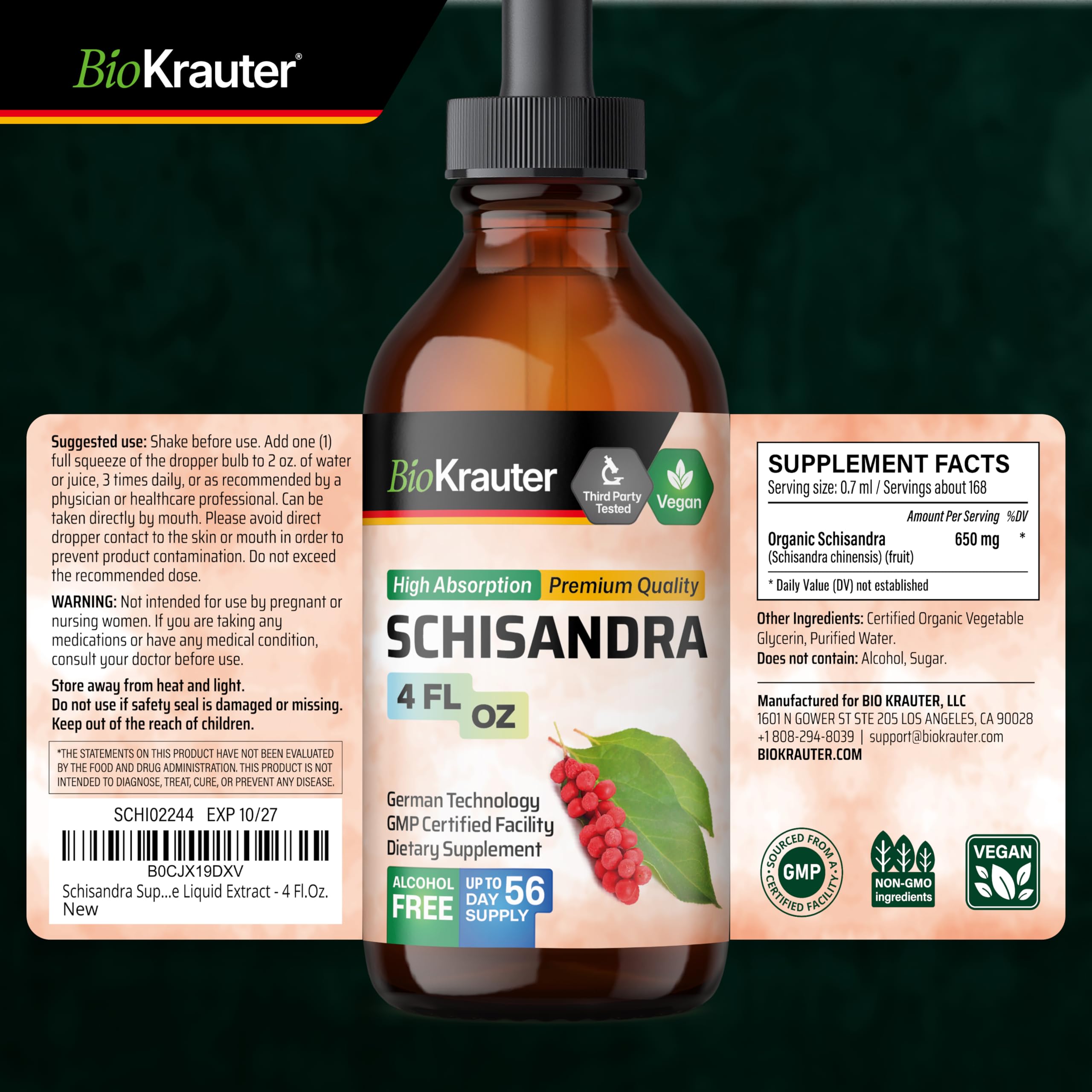 BIO KRAUTER Schisandra vegano sin alcohol para estilos de vida conscientes.