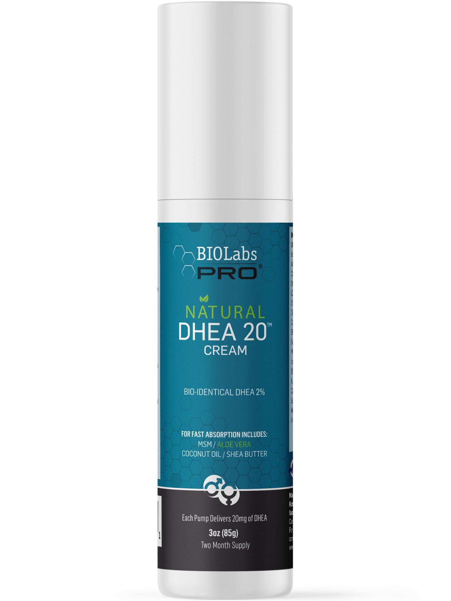 BIOLABS PRO crema DHEA 20 mg en botella de 3 oz, lista para uso diario