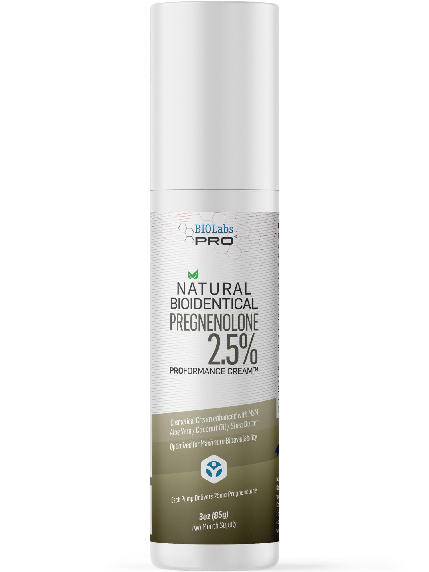 BIOLABS PRO Pregnenolona crema, textura suave para uso diario en la piel.