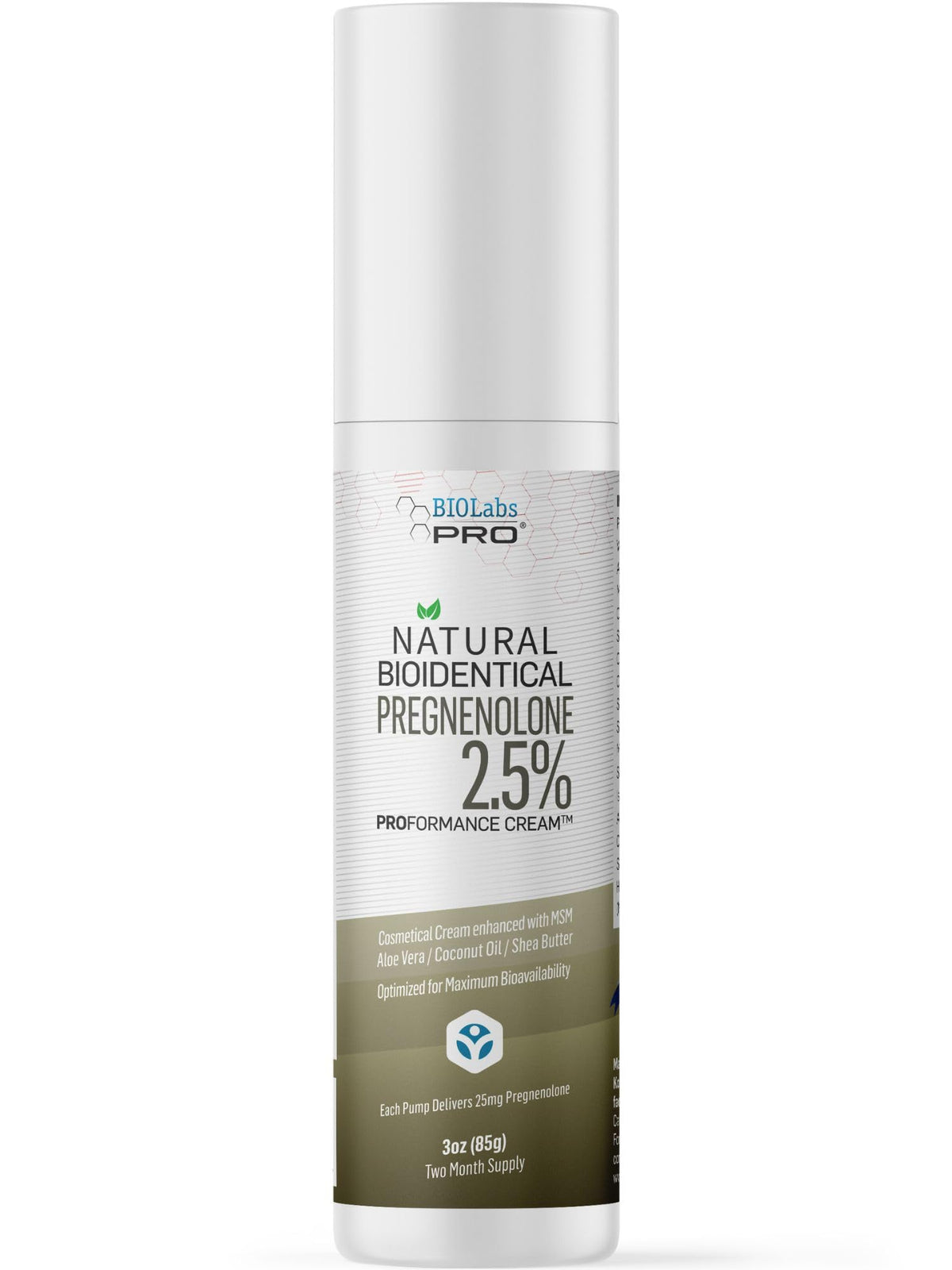 BIOLABS PRO Pregnenolona crema, textura suave para uso diario en la piel.