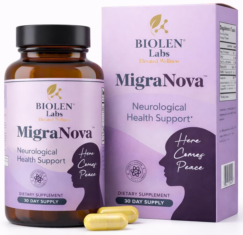 Biolen Labs MigraNova: botella de migraña y manejo diario potencial.