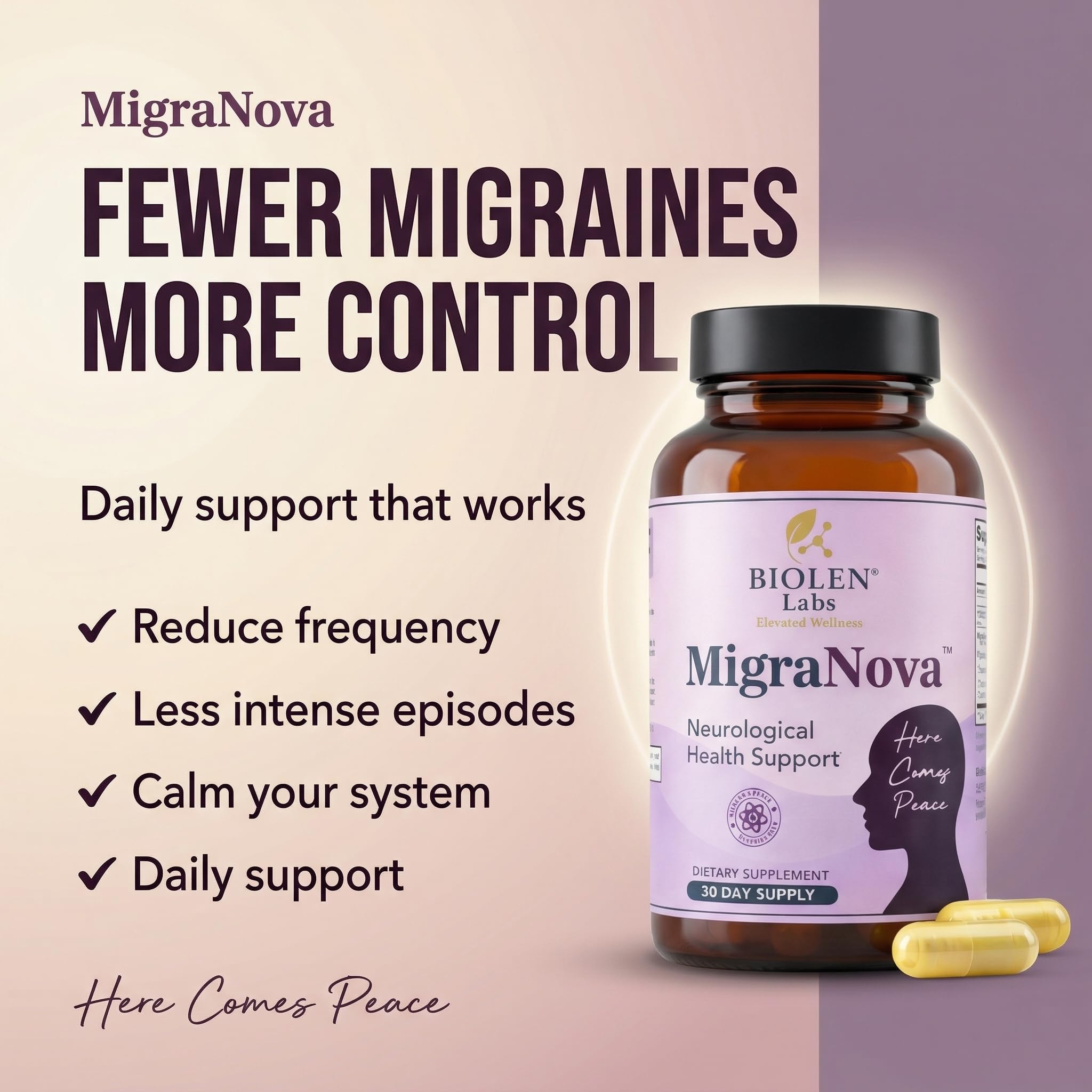 Biolen Labs MigraNova: foco en flujo sanguíneo saludable durante el día.