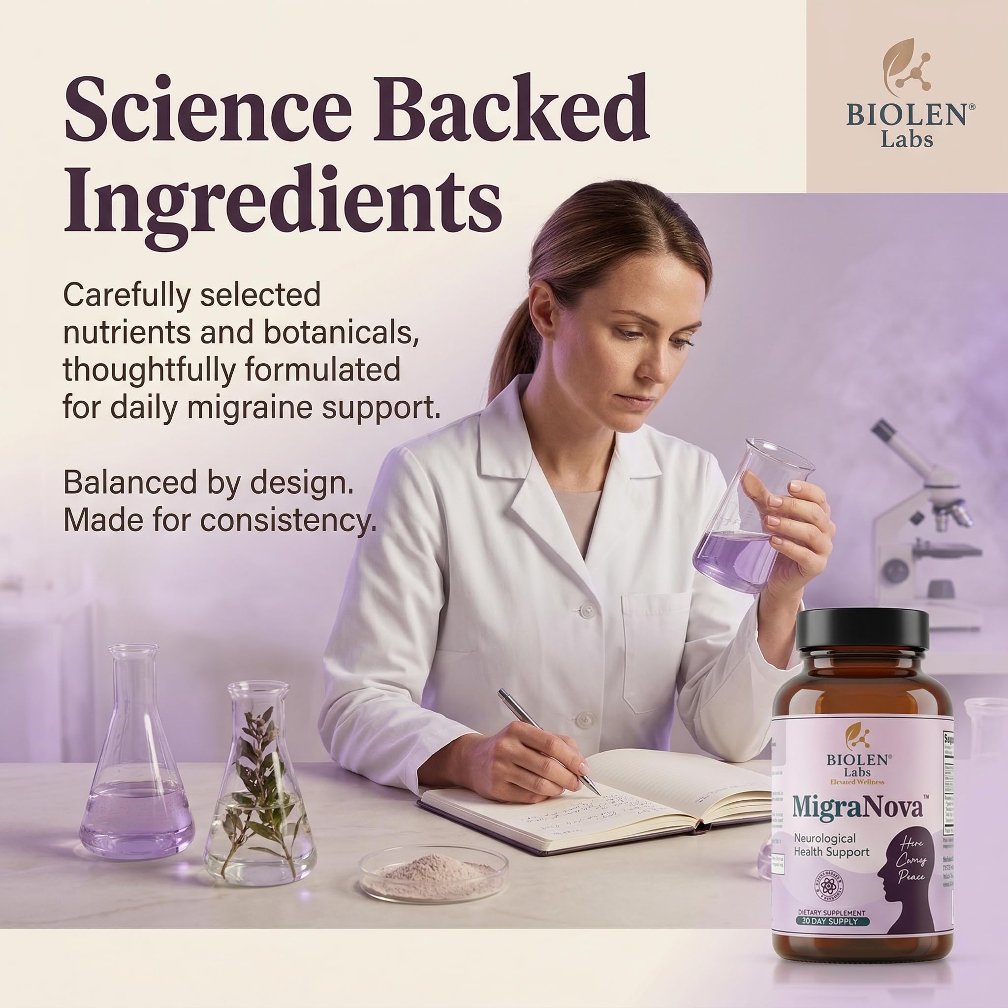 Biolen Labs MigraNova: sello de fabricación en EE. UU. para confianza.