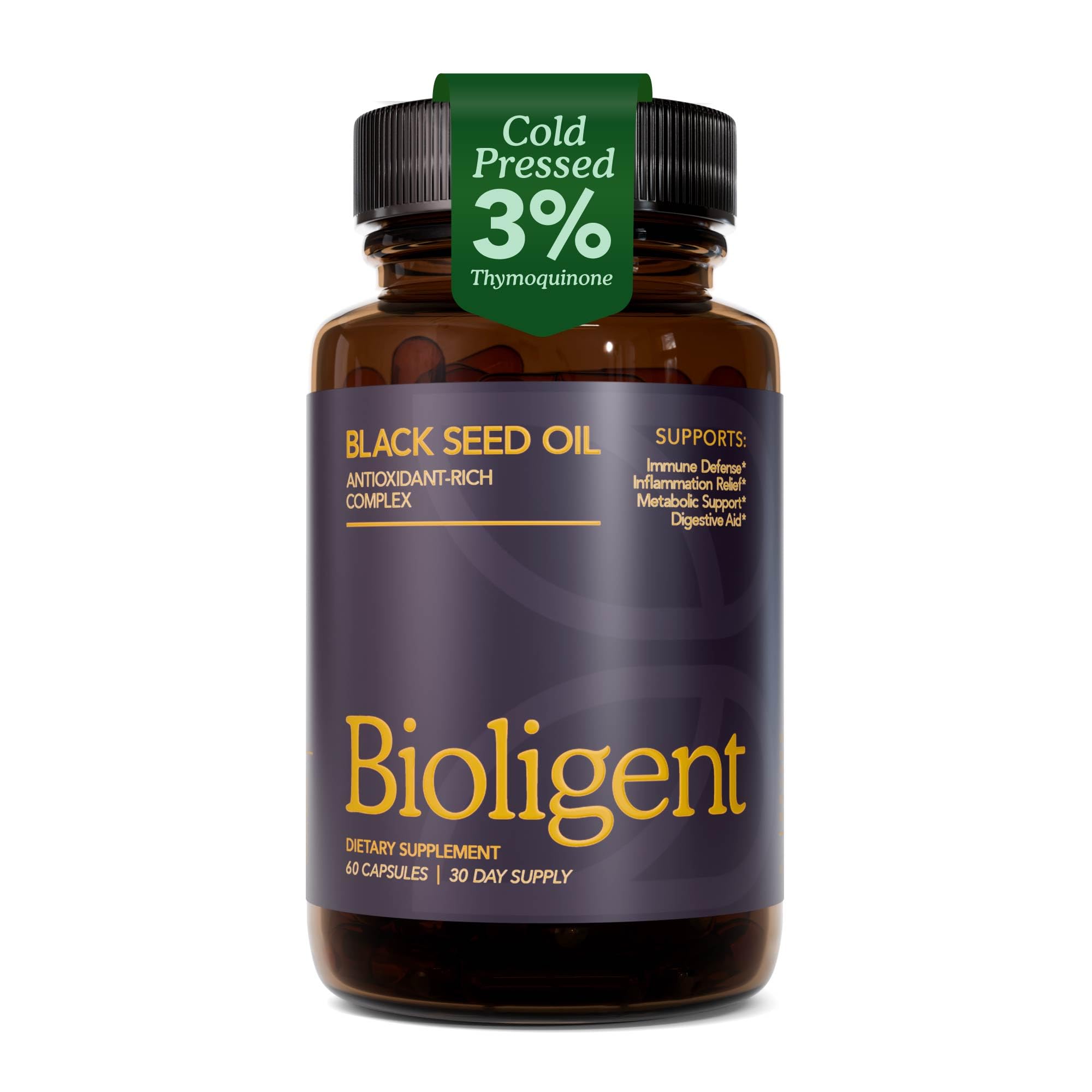 Bioligent: cápsulas de aceite de semilla negra, prensado en frío, para bienestar diario.