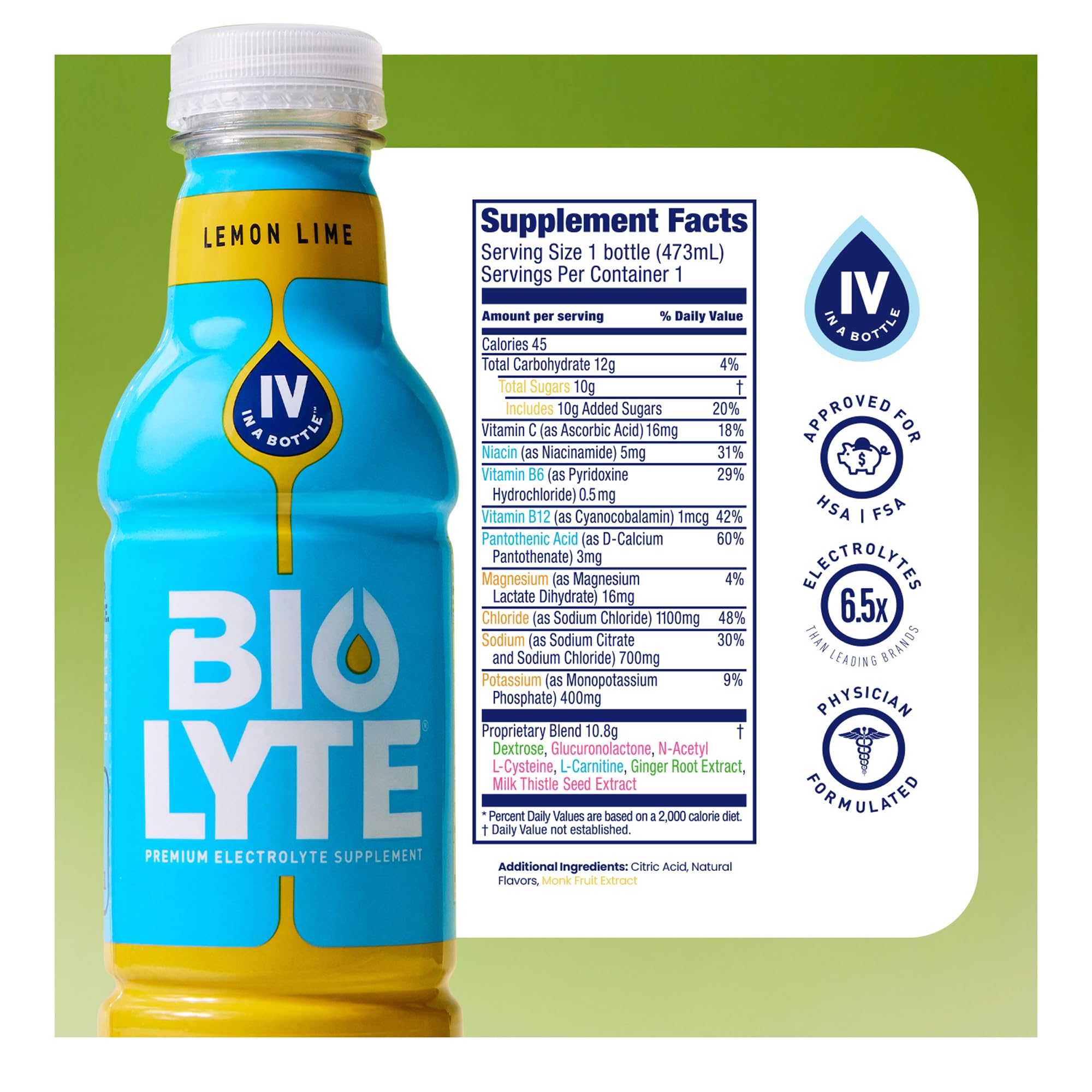 BIOLYTE sabor limón lima, botella refrescante para rehidratación