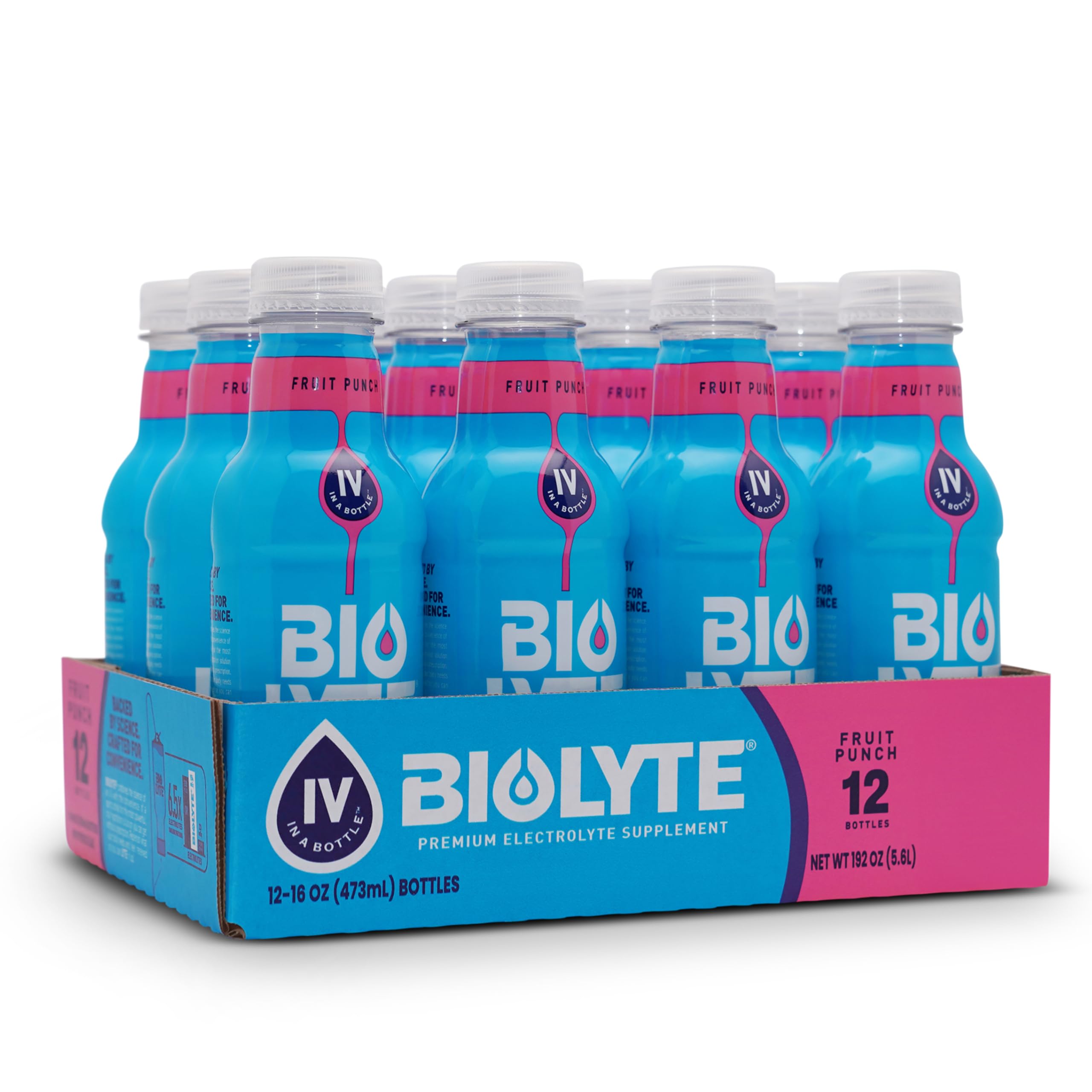 BIOLYTE Bebida de electrolitos en botella con sabor cóctel de fruta para hidratación.