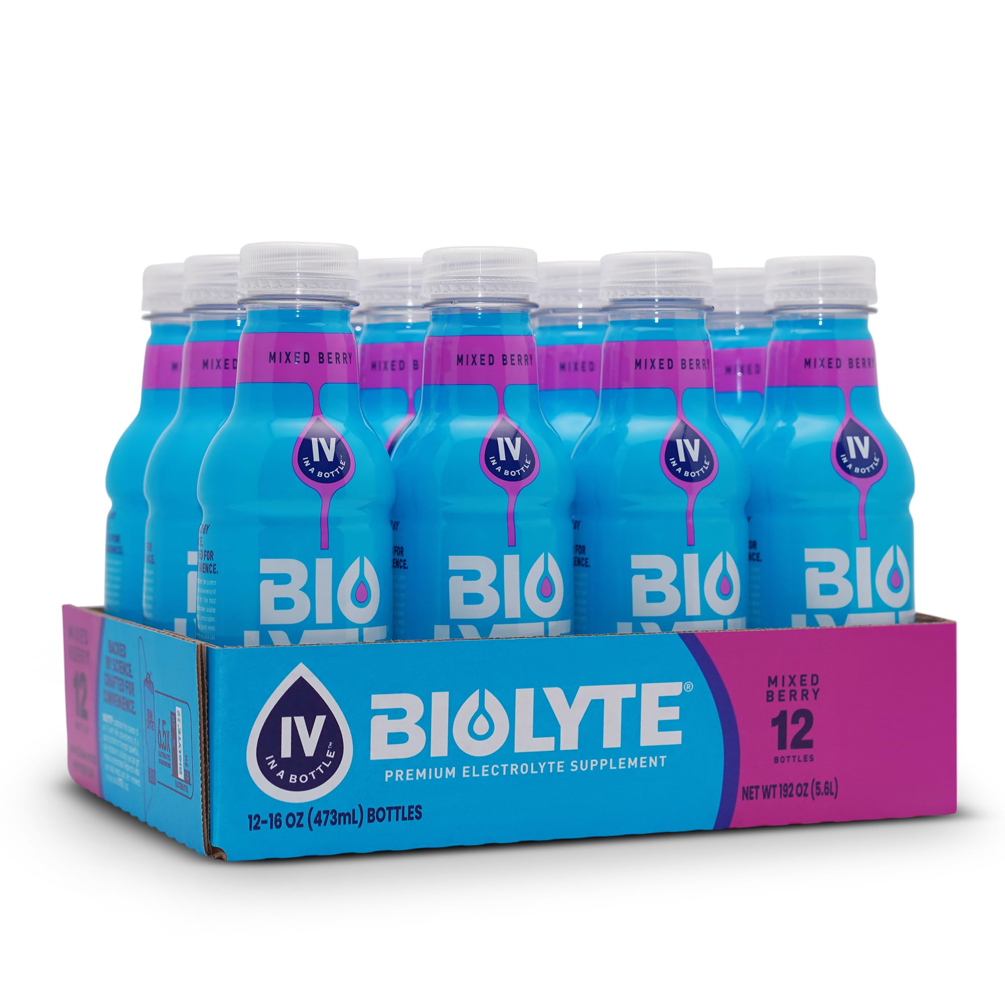 BIOLYTE botella de electrolitos con mezcla de frutos rojos para hidratación.