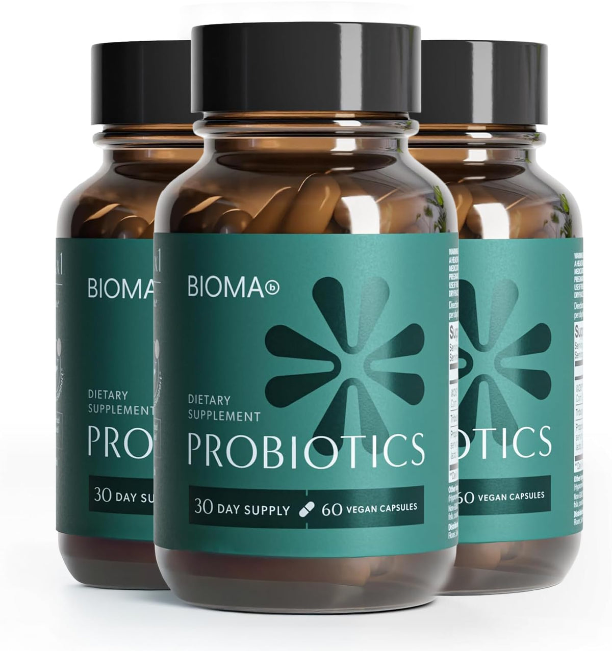 BIOMA Probiotics: botella de cápsulas para apoyo digestivo diario.