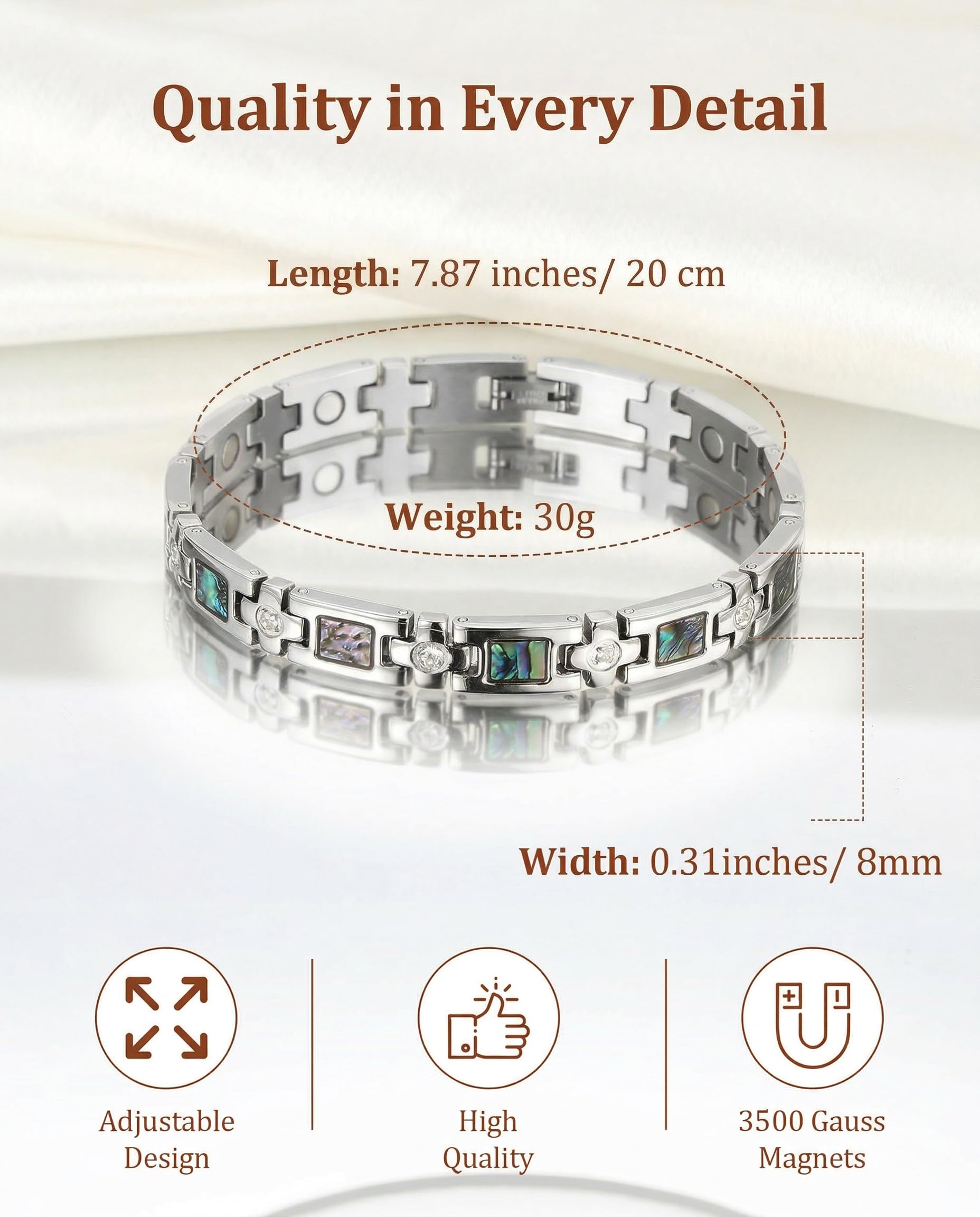 Detalle de cristal en BioMag pulsera magnética, toque elegante.