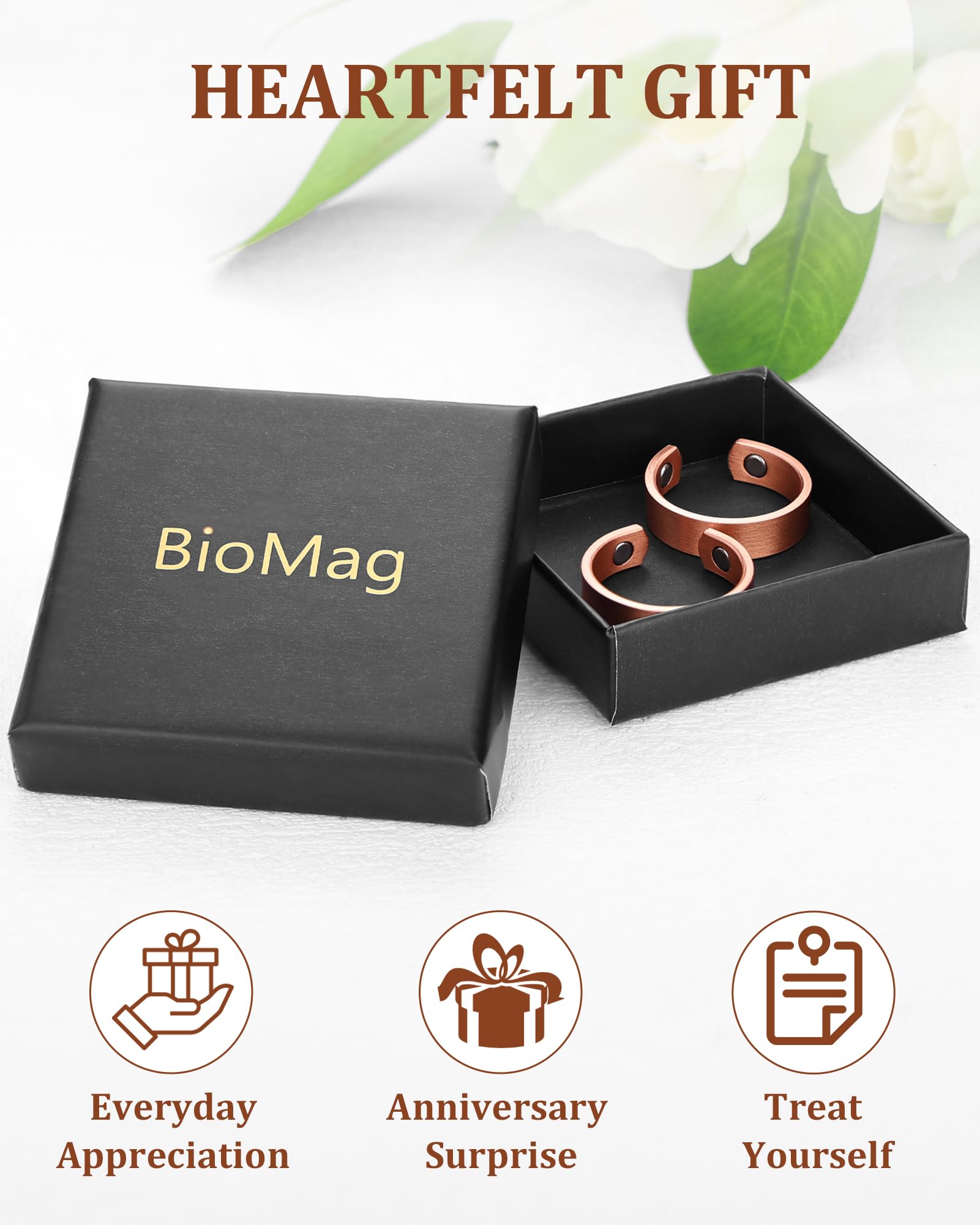 BioMag: dos anillos de cobre magnéticos, regalo elegante y listo para entregar.