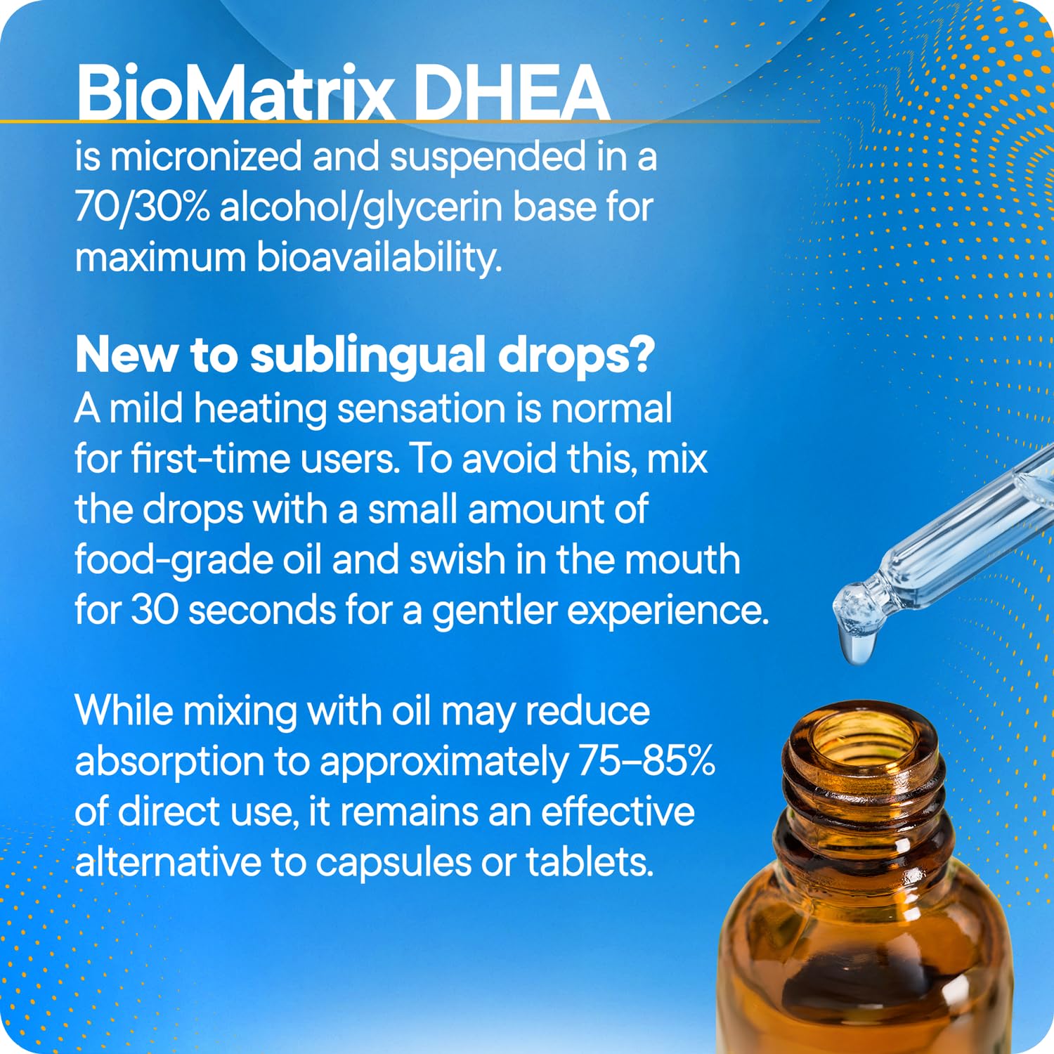 BioMatrix DHEA botella de 30 ml con porciones consistentes en cada gota