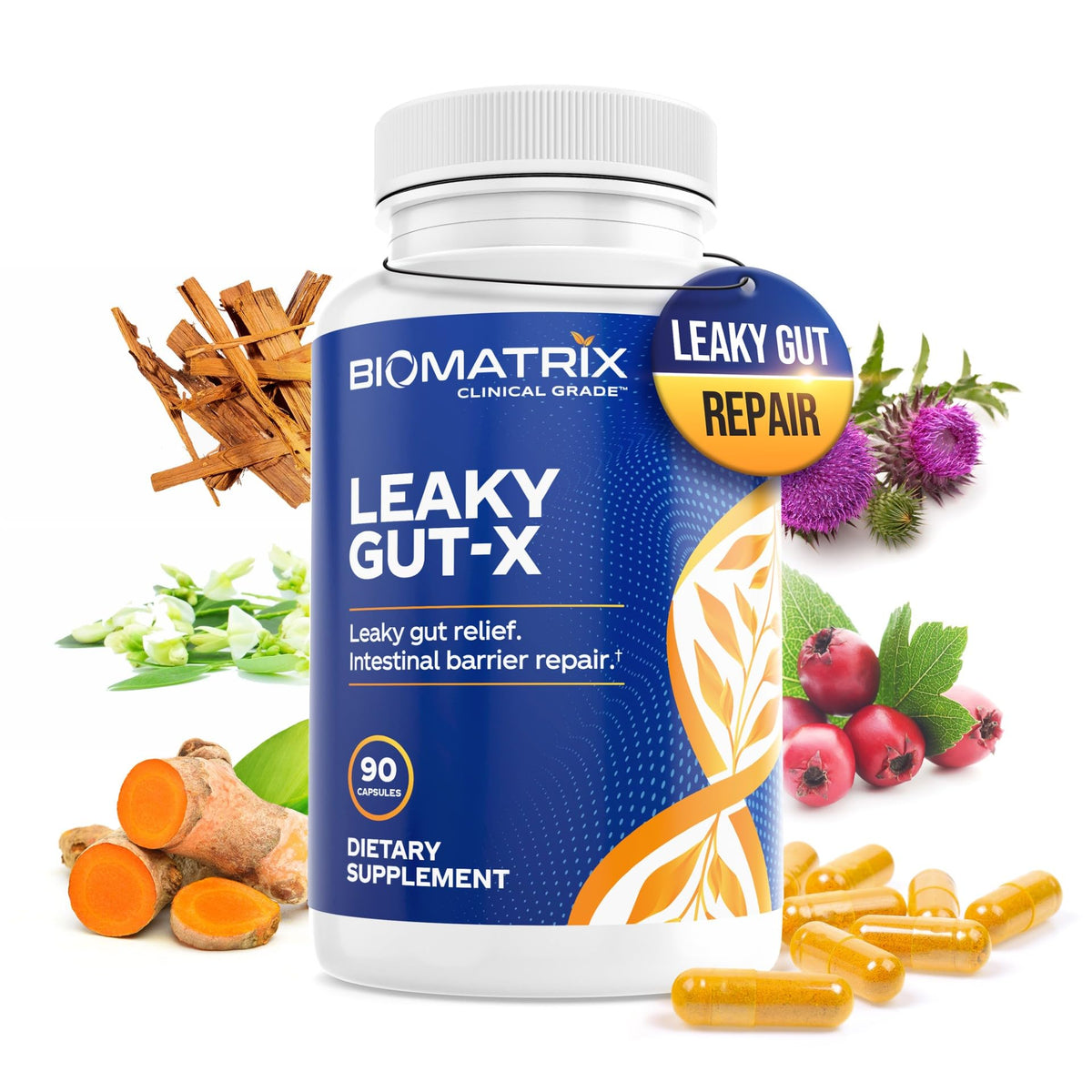 BioMatrix Leaky Gut-X botella frontal, apoyo a la barrera intestinal.