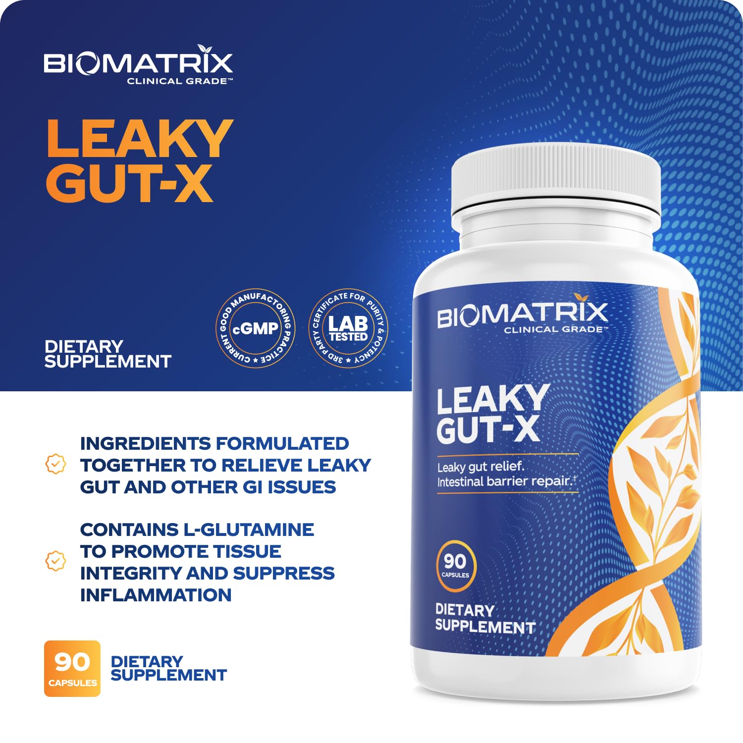 BioMatrix Leaky Gut-X etiqueta frontal, comunica beneficios sin promesas absolutas.