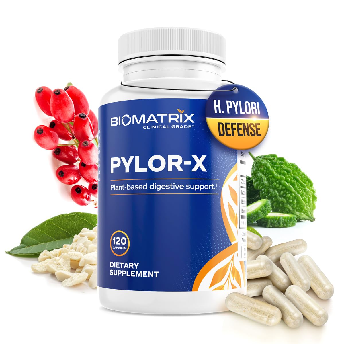BioMatrix Pylor-X: botella de cápsulas para apoyo digestivo diario y bienestar estomacal.