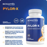 BioMatrix Pylor-X: etiqueta de ingredientes destacando goma mastic y berberina.
