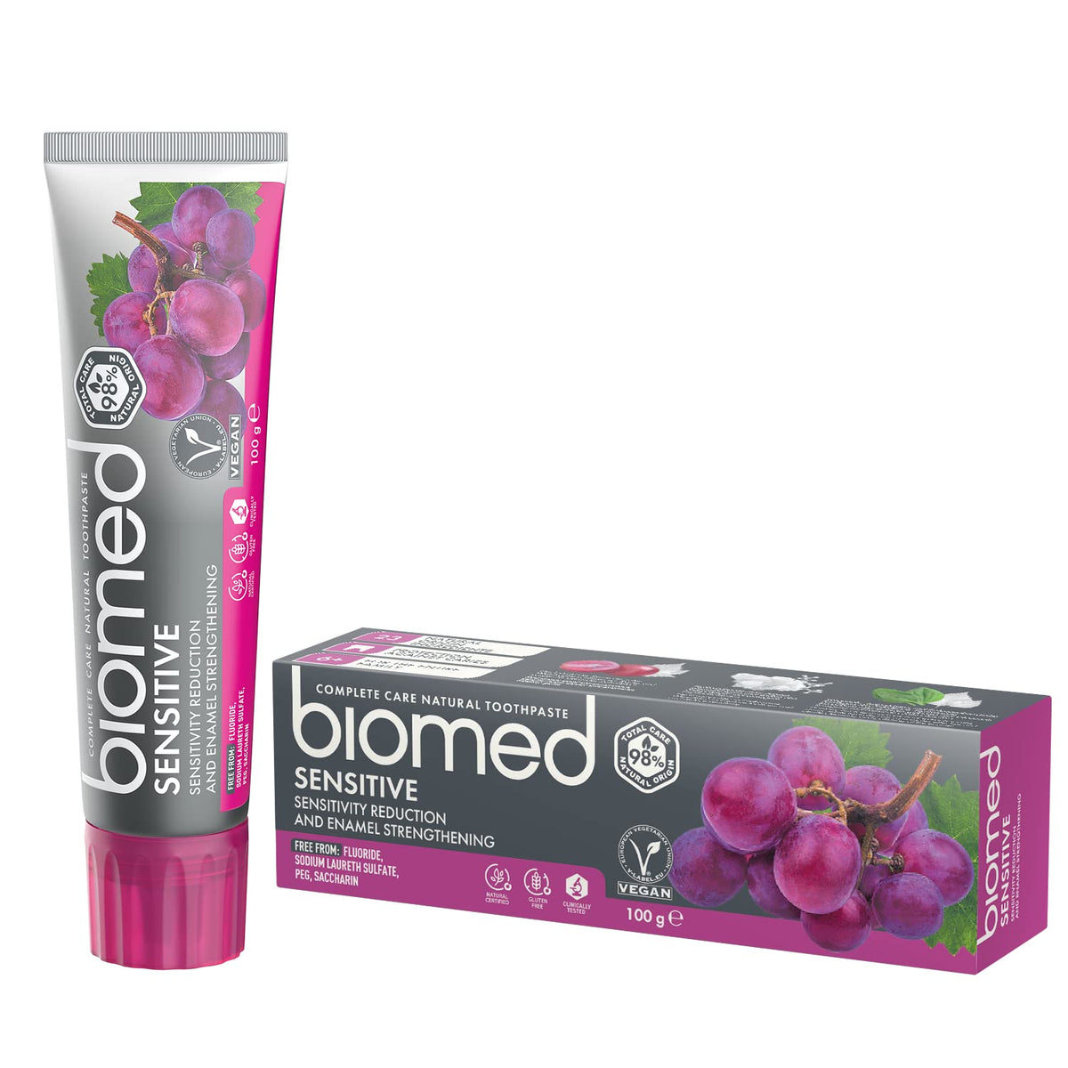 Biomed Pasta Dental frente al tubo, cuidado suave para dientes sensibles.