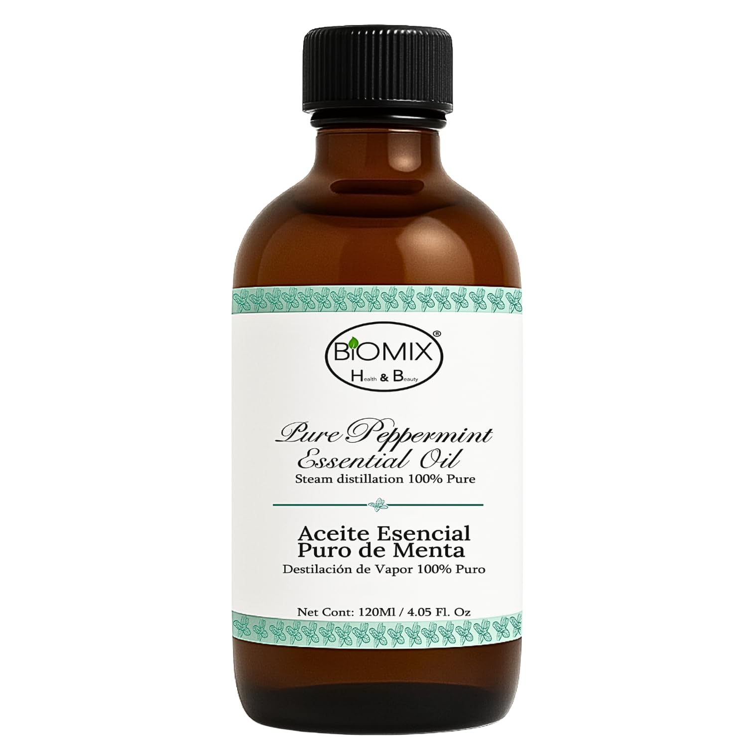 BIOMIX HEALTH & BEAUTY Aceite Esencial de Menta: botella ámbar de 120 ml para aromaterapia y cuidado diario.