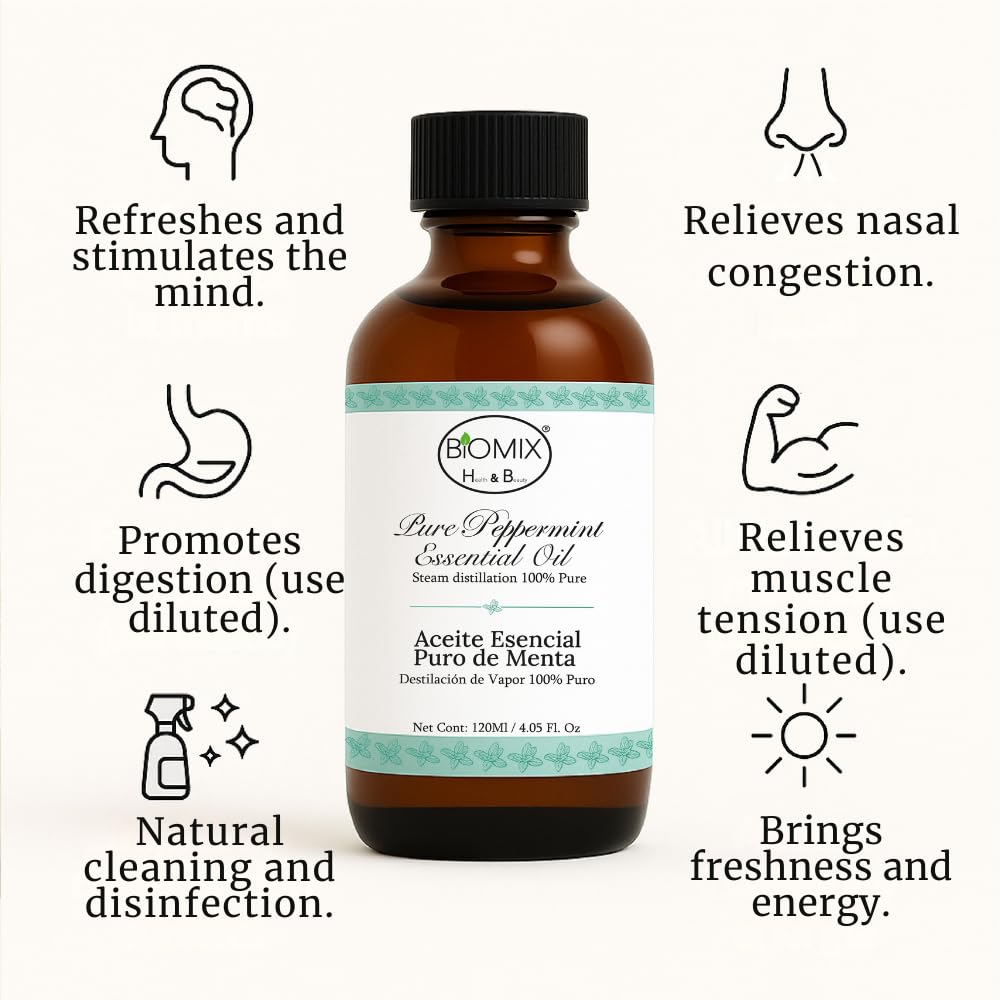 BIOMIX HEALTH & BEAUTY Menta: etiqueta clara que destaca grado alimentario y usos tópicos seguros.
