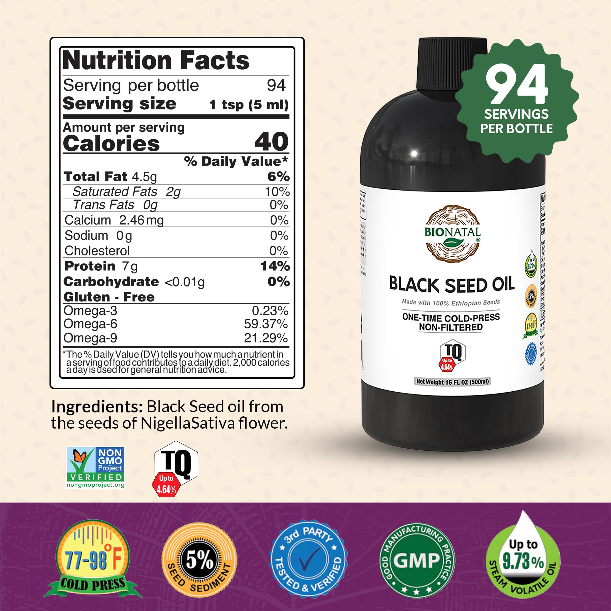 BioNatal prensado en frío de Nigella sativa, conserva aroma intenso y nutrientes.