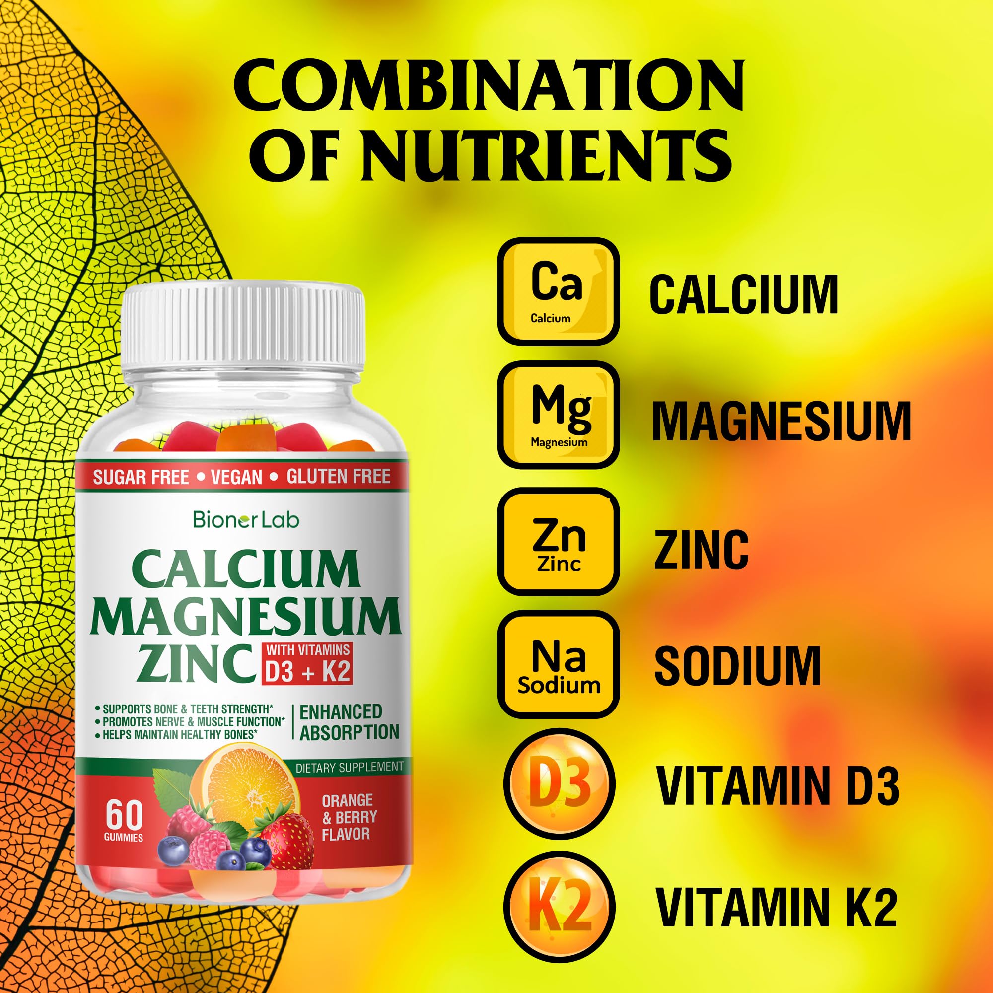 Etiqueta de BionerLab muestra ingredientes clave como calcio, magnesio y zinc.