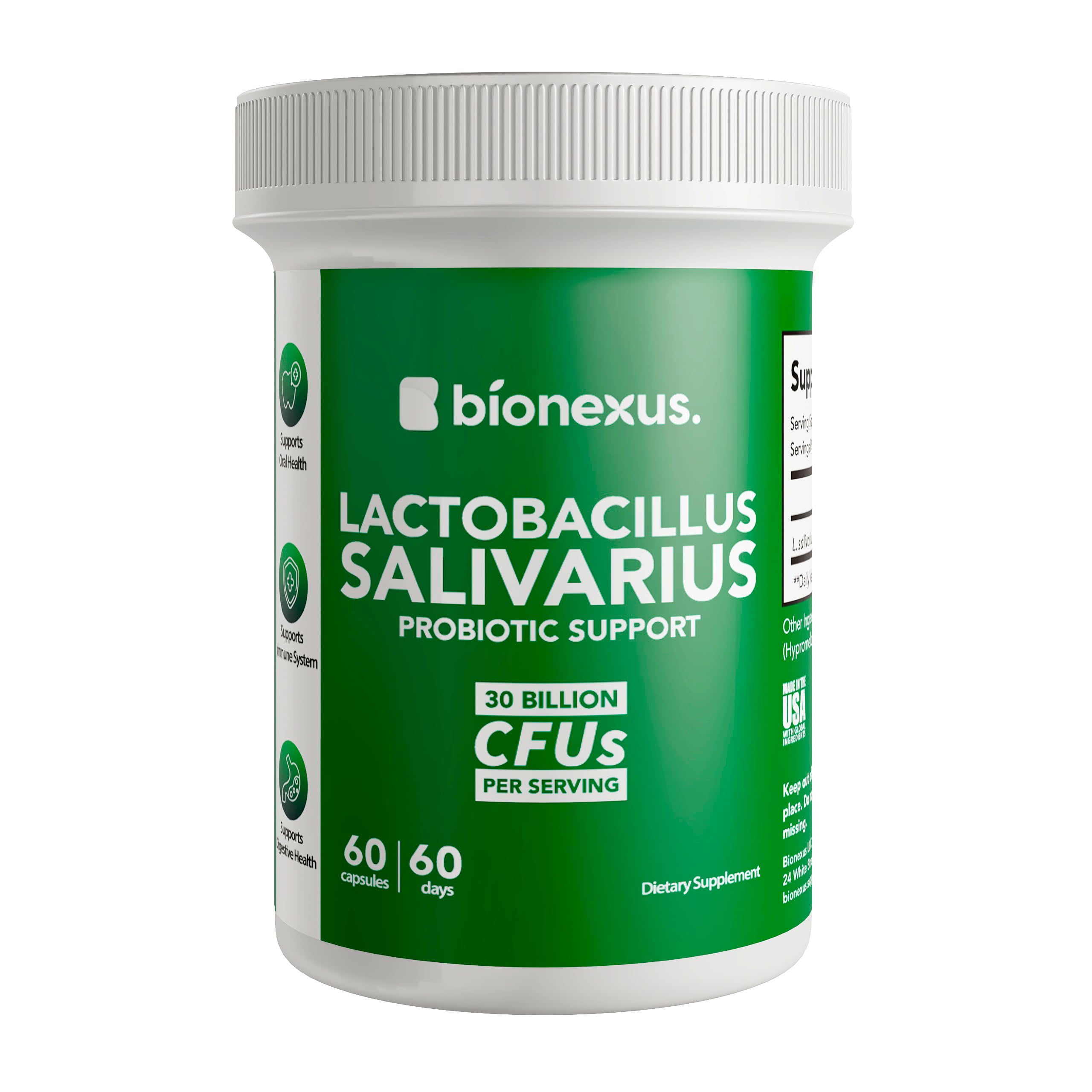 Cápsulas Bionexus Lactobacillus Salivarius de 30 mil millones CFU para equilibrio oral.