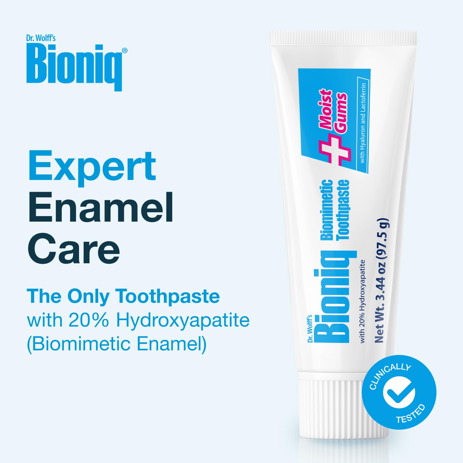 Bioniq Plus+ BioHAP con lactoferrina y ácido hialurónico limpia y cuida la encía.