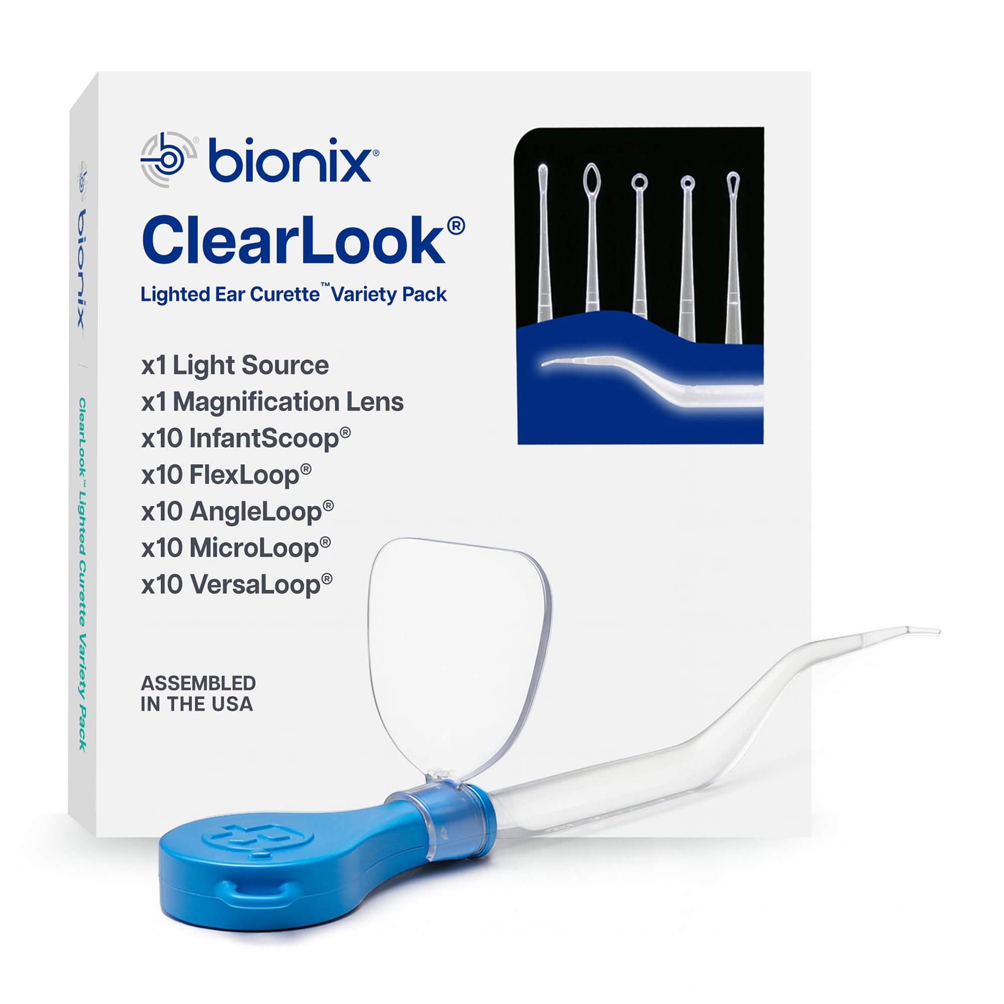 Curetas iluminadas ClearLook de Bionix con AngleLoop para mayor visibilidad.