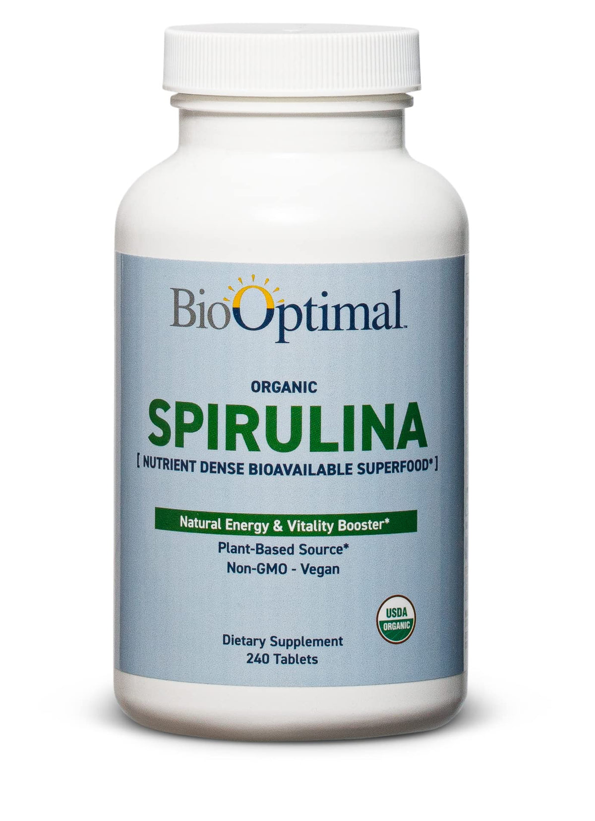 BioOptimal spirulina orgánica en tabletas de 500 mg para energía diaria.