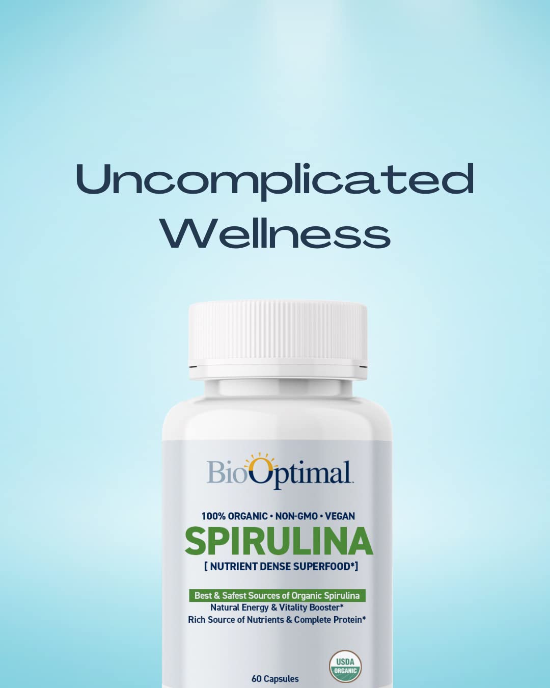BioOptimal spirulina sin aditivos ni rellenos, pureza garantizada en cada tableta.