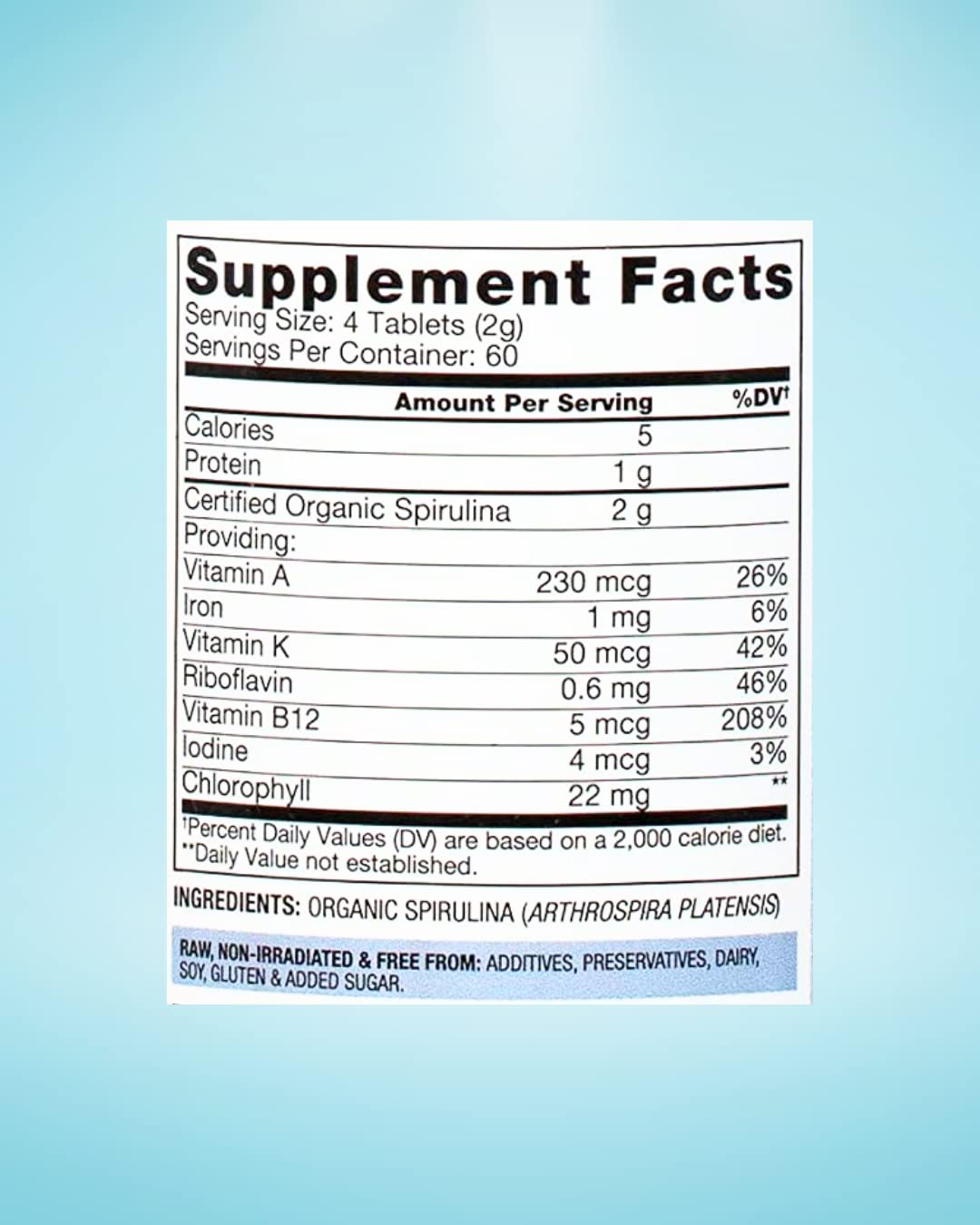 BioOptimal spirulina vegana sin cápsulas, forma fácil de incluir en la dieta.