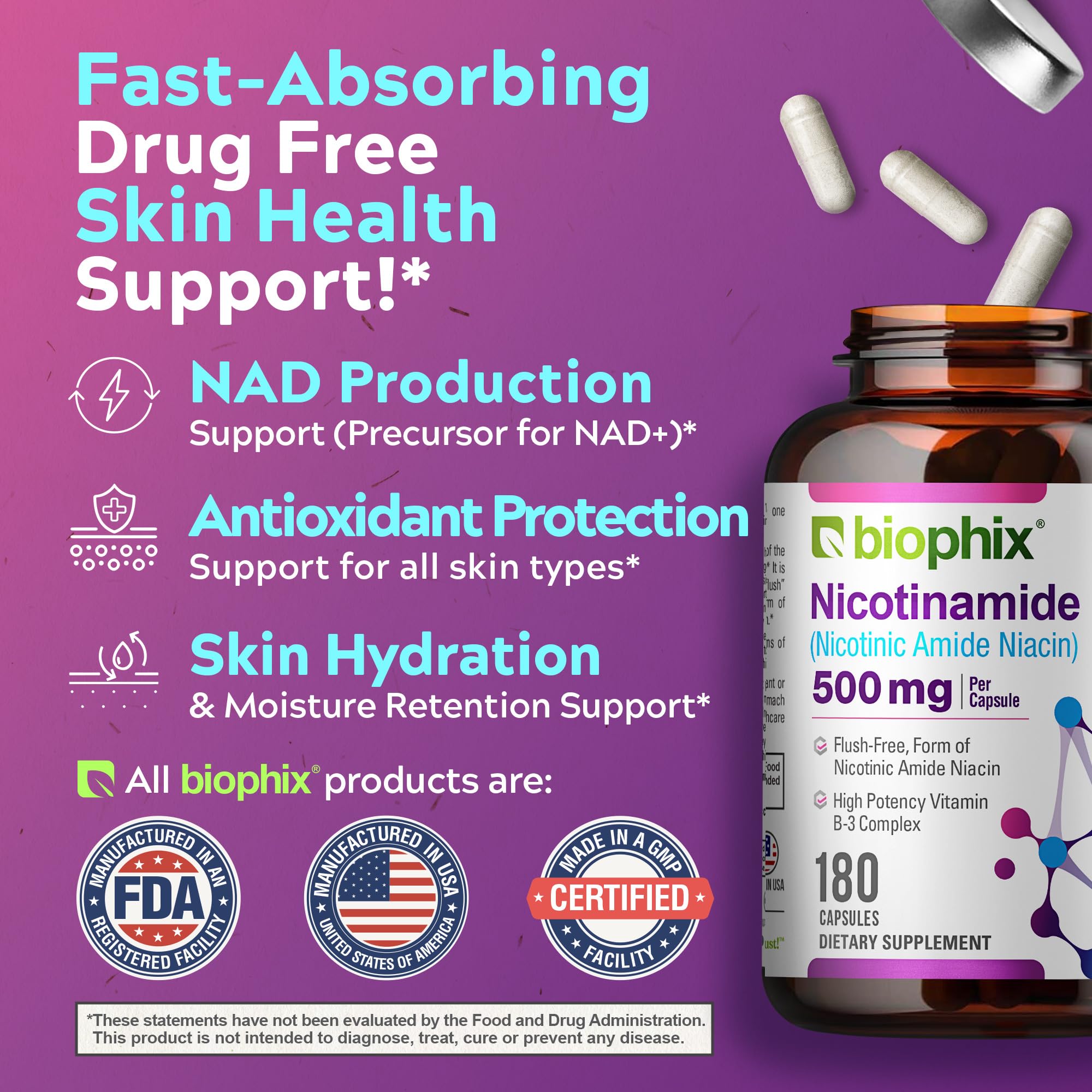 Biophix B-3 Nicotinamida, cápsulas en frasco, dosificación visible.