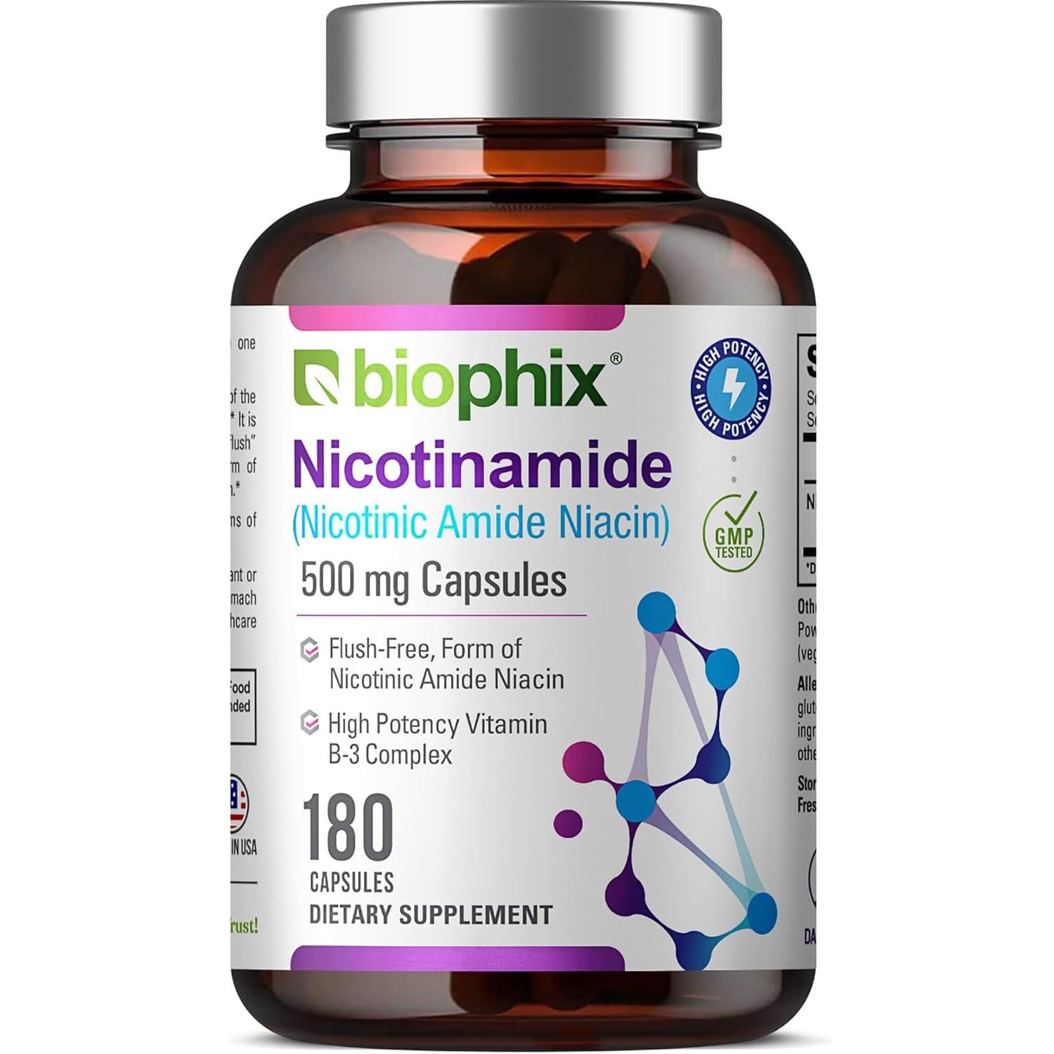 Biophix B-3 Nicotinamida, frasco de cápsulas, apoyo a la salud de la piel.