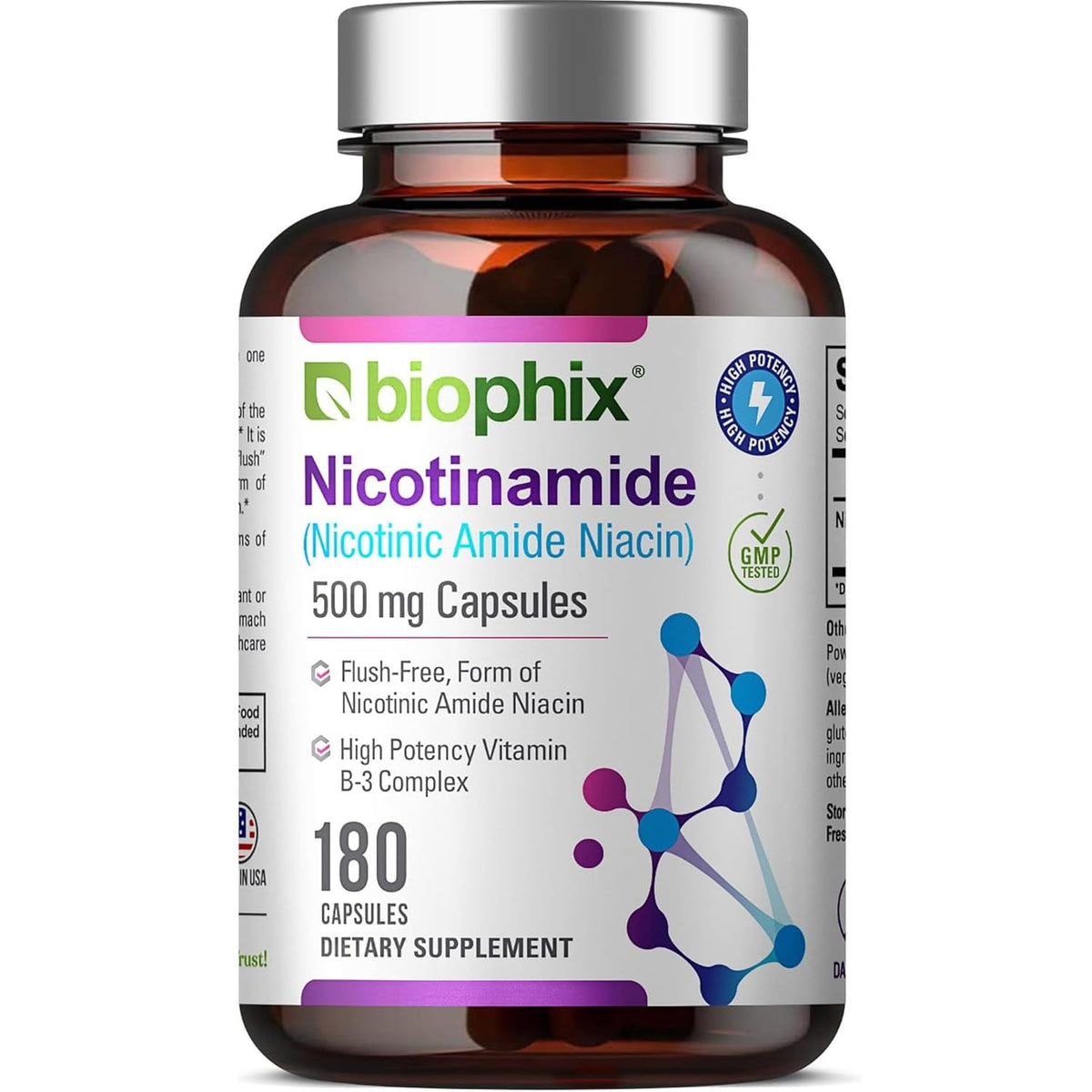 Biophix B-3 Nicotinamida, frasco de cápsulas, apoyo a la salud de la piel.