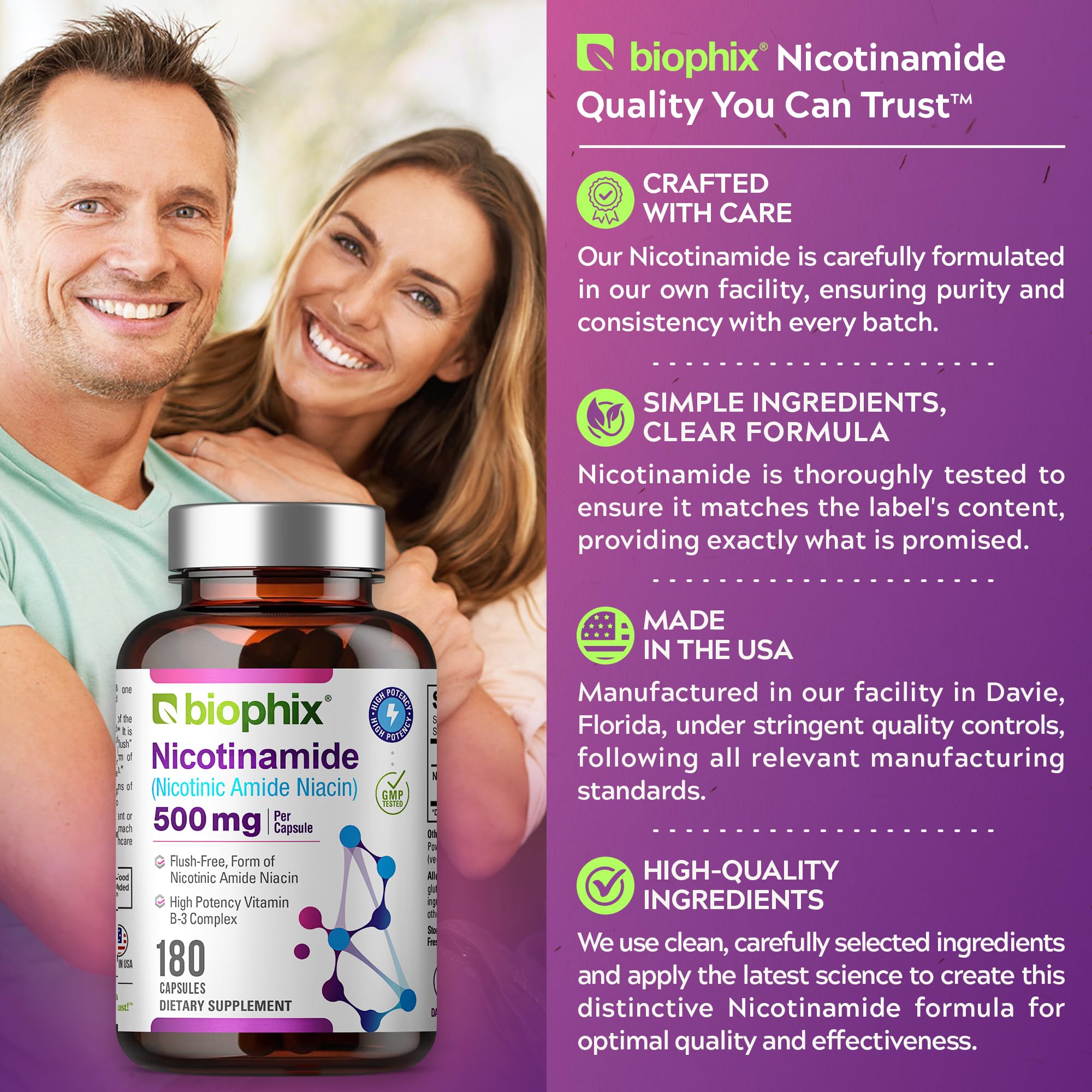 Biophix B-3 Nicotinamida, etiqueta trasera, ingredientes y advertencias.