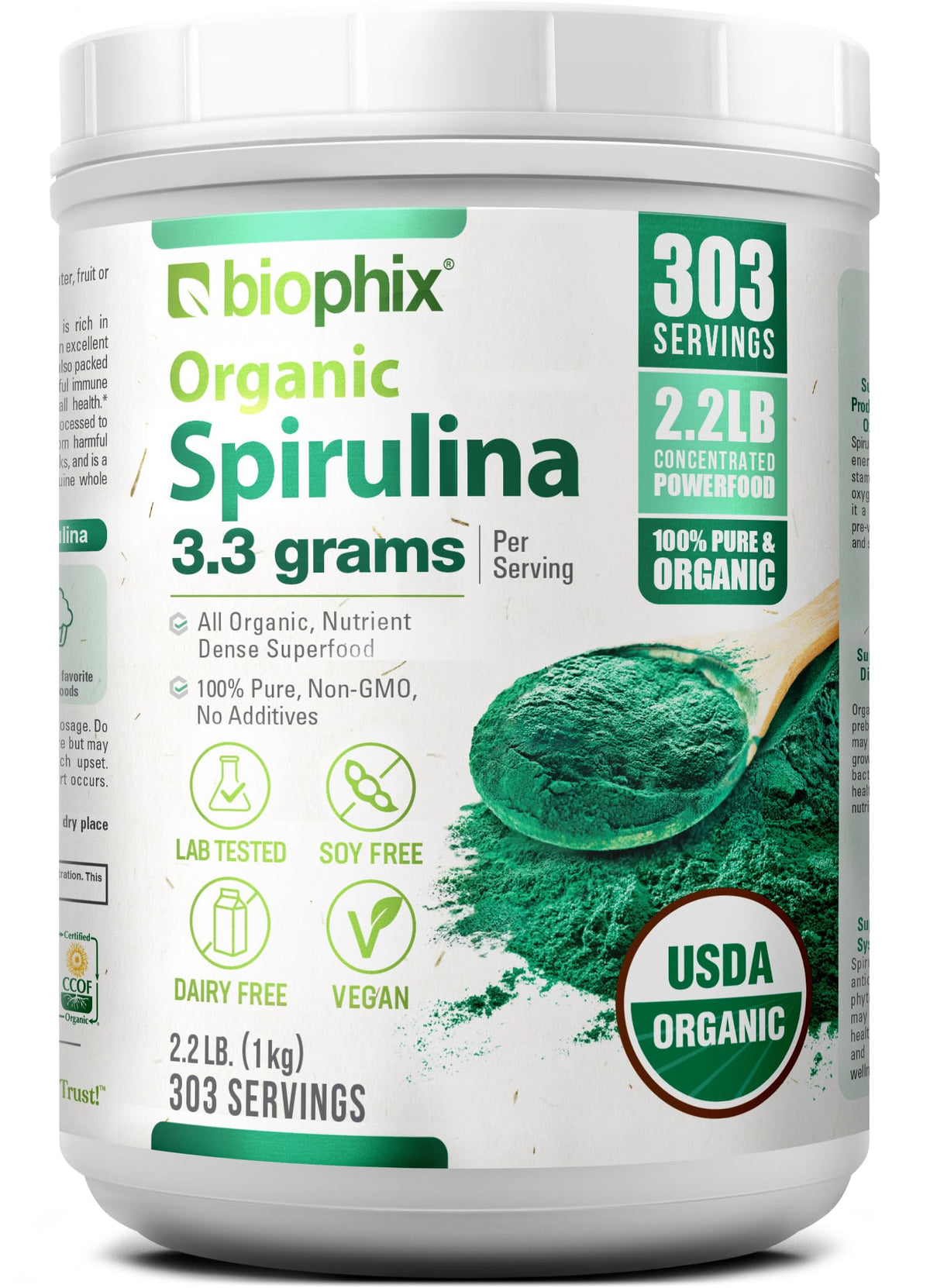 Biophix espirulina orgánica en polvo, ideal para batidos nutritivos
