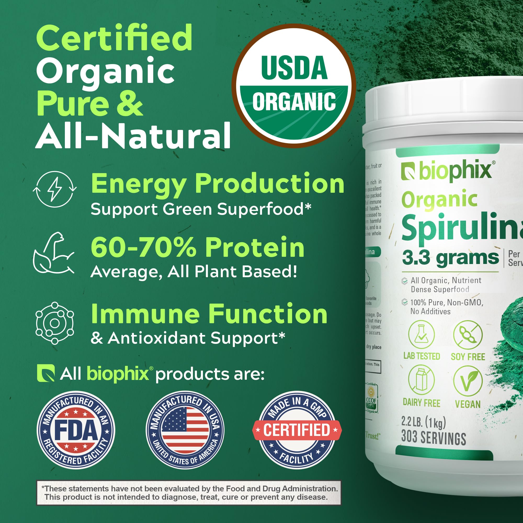 Espirulina orgánica pura Biophix para añadir proteína vegetal