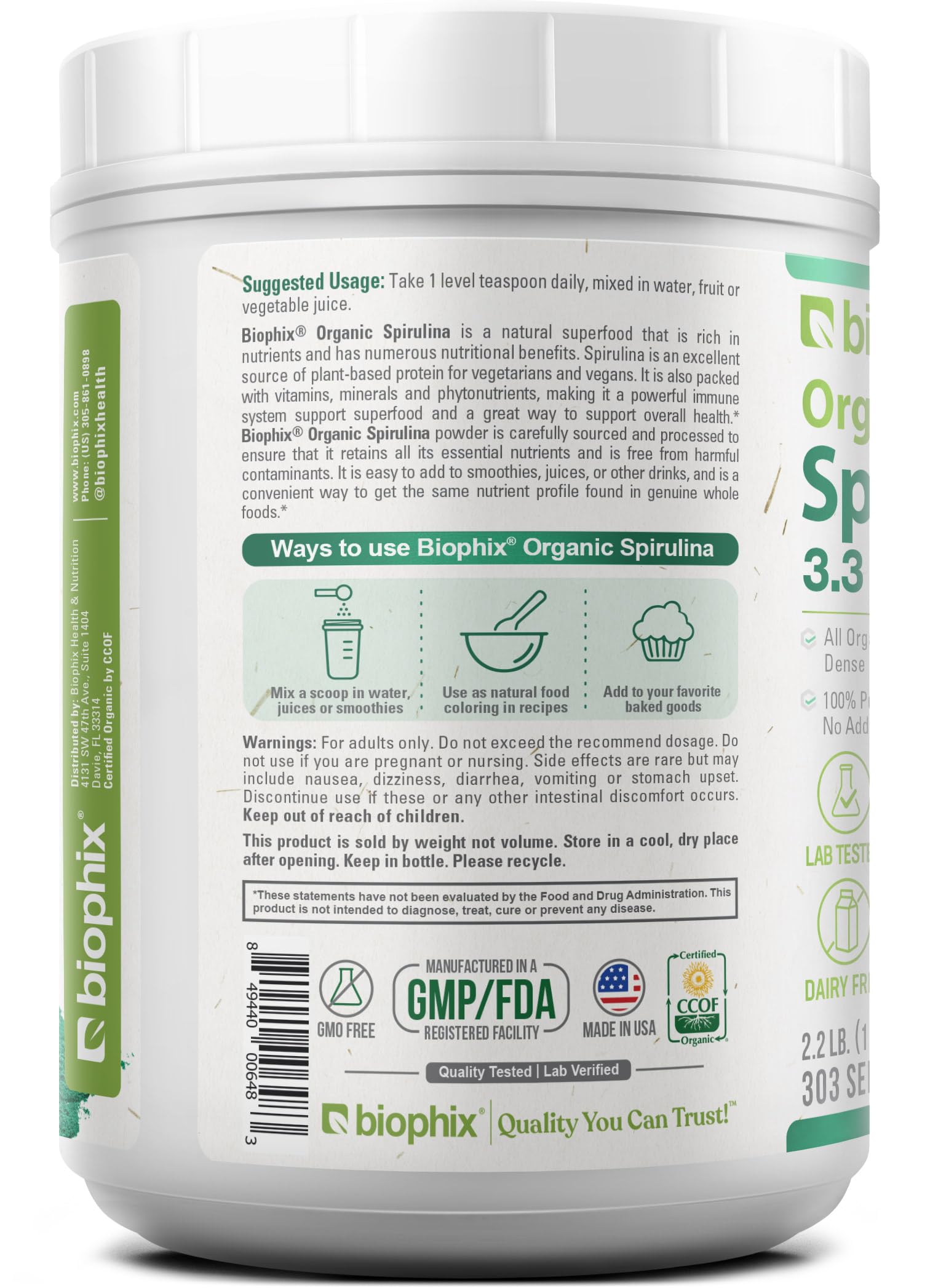 Etiqueta USDA certificada Biophix, garantía de ingredientes orgánicos