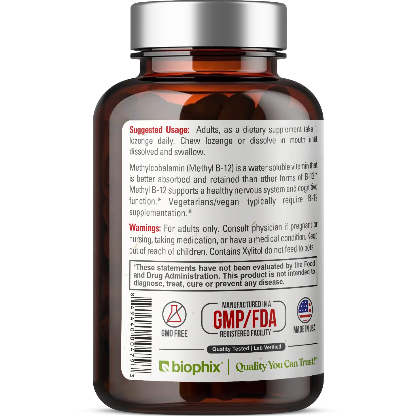 Presentación de 90 unidades Biophix Methyl B-12 para uso diario.
