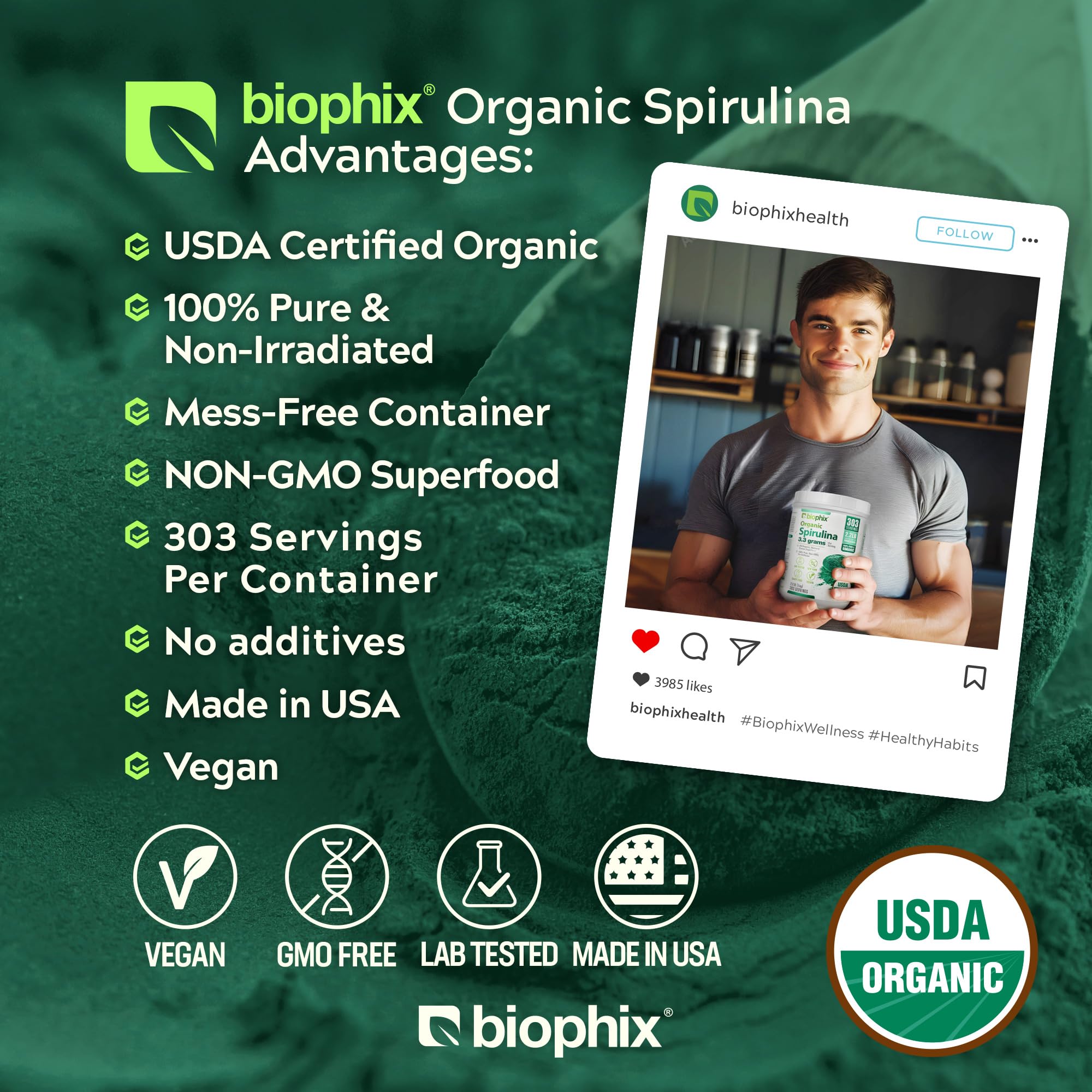 Polvo espirulina verde-azul Biophix para bebidas diarias