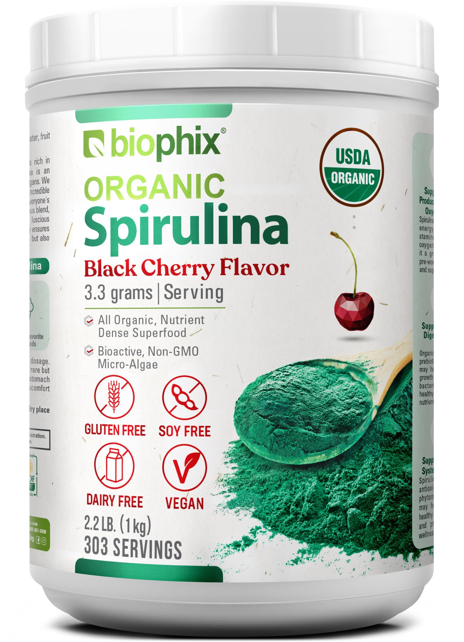 Biophix Spirulina con sabor cereza negra en bote, ideal para batidos de proteínas vegetales