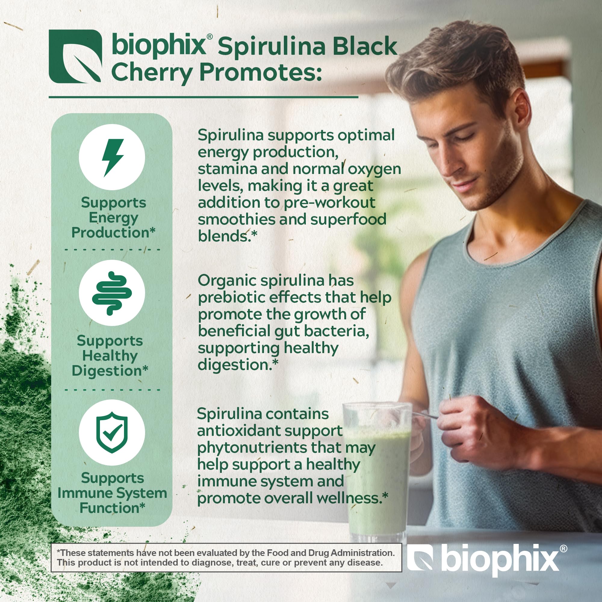 Biophix Spirulina con sabor cereza negra y cucharilla medidora, dosificación precisa