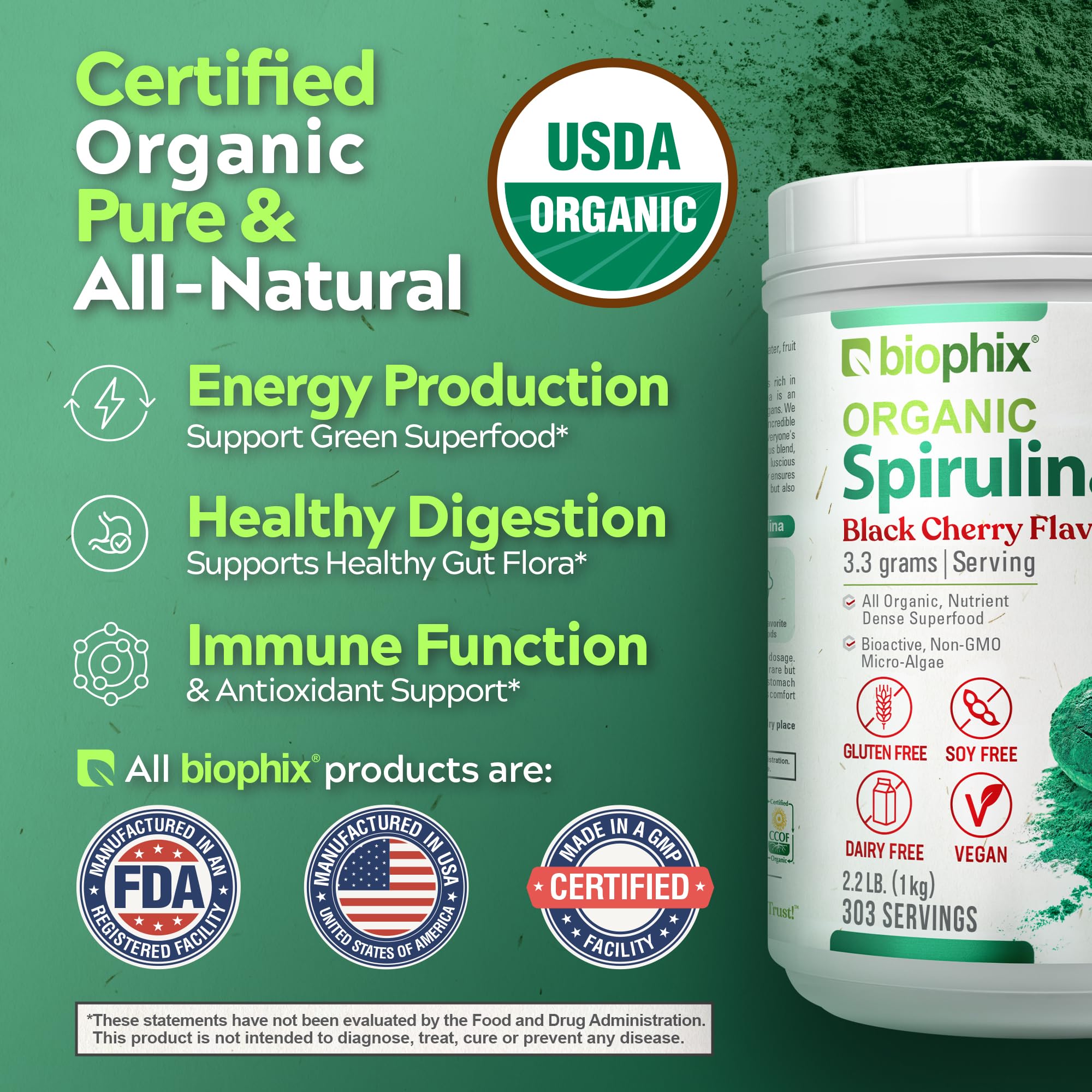 Biophix Spirulina con sabor cereza negra con etiqueta clara, información de ingredientes
