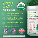 Biophix Spirulina con sabor cereza negra con etiqueta clara, información de ingredientes