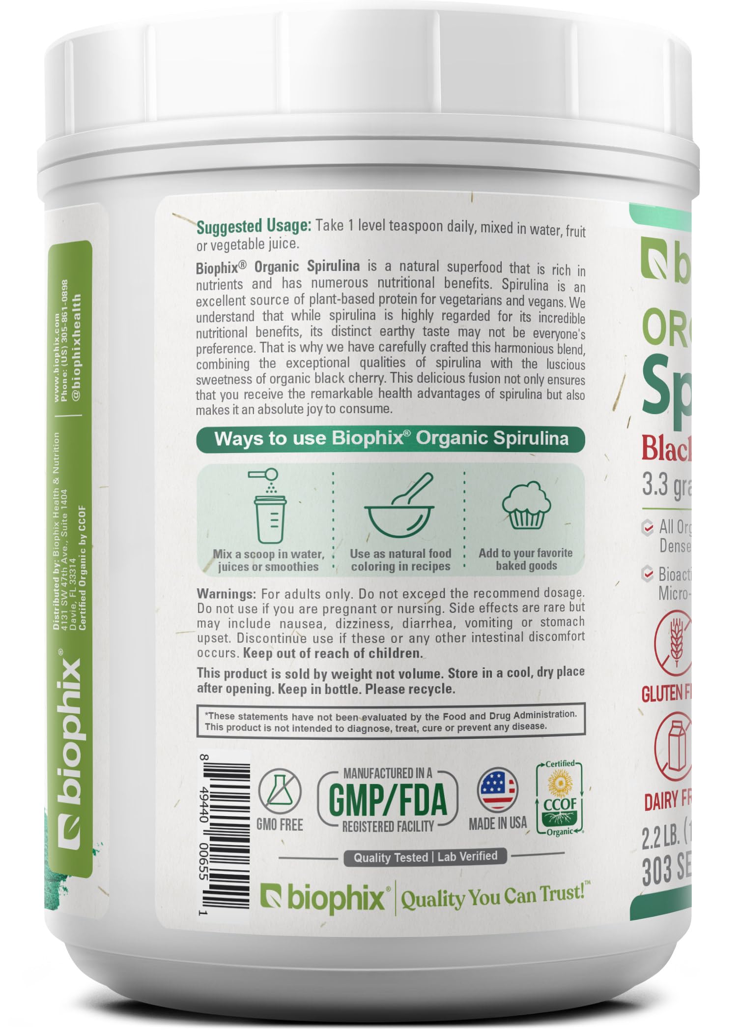 Biophix Spirulina con sabor cereza negra, fabricada en Estados Unidos